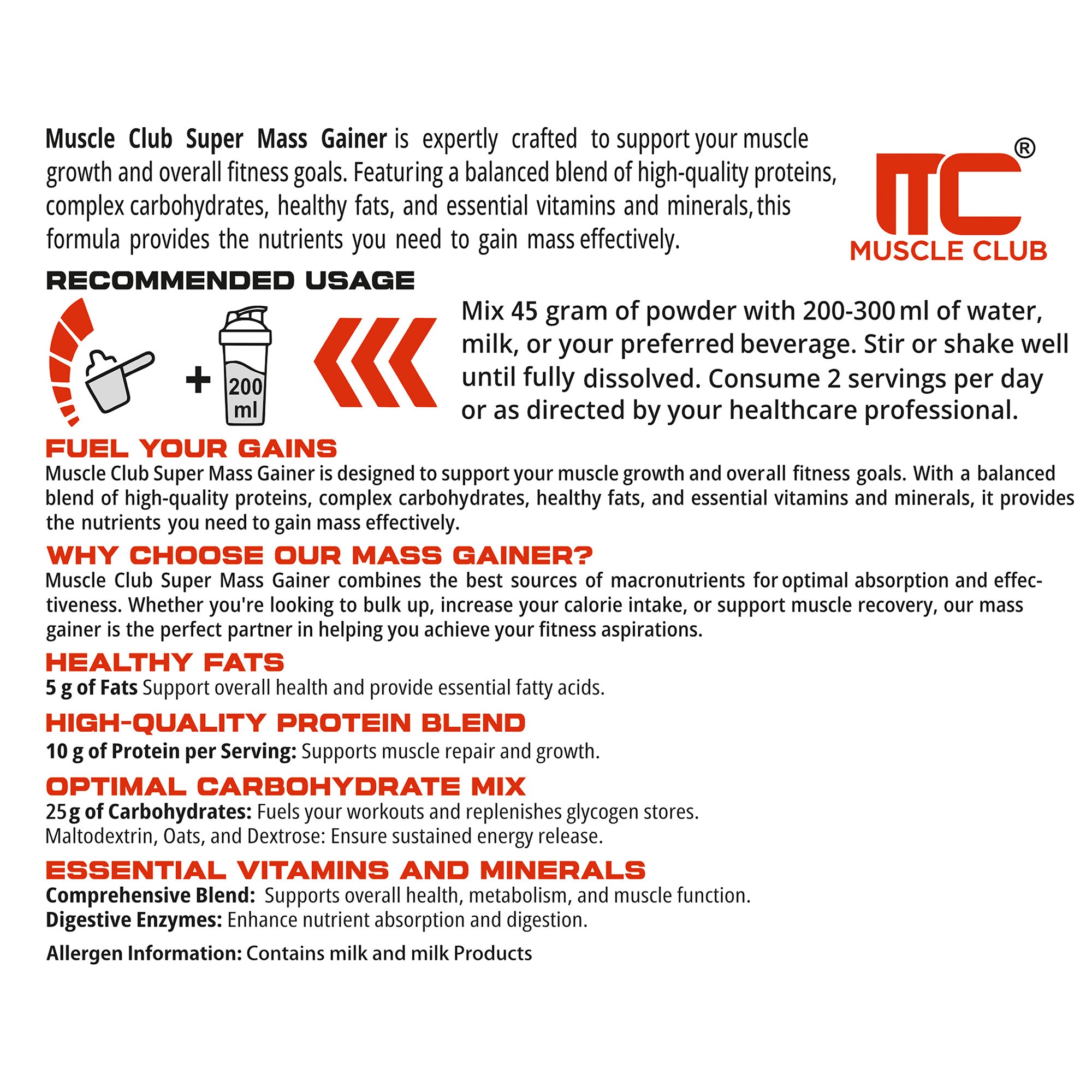 Muscle Club Super Mass Gainer – 1kg – Weight Gainer with L-Glutamine, Taurine, Vitamin A, B-Complex, Calcium, Iron, Zinc & Vitamin D – Supports Muscle Growth, Recovery & Weight Gain - Muscle Club