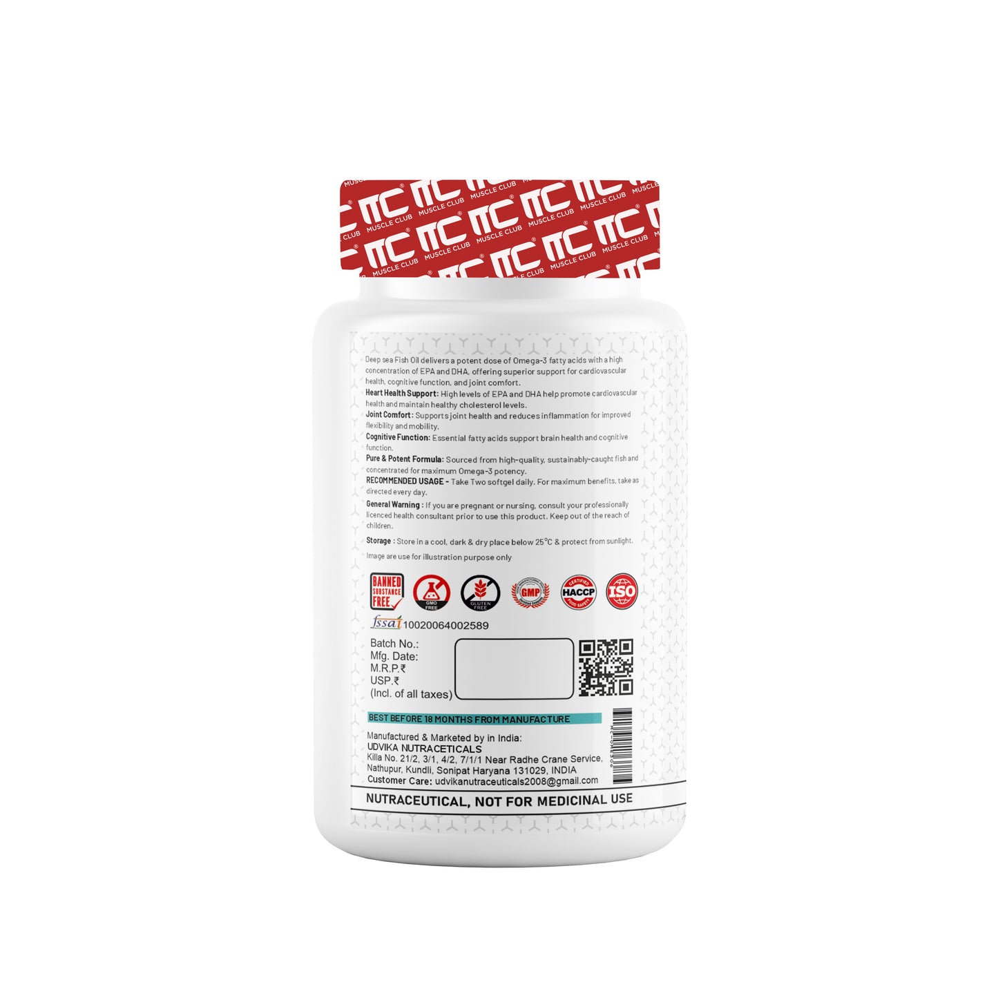 Muscle Club Omega-3 Fish Oil Capsules with Vitamin E 1250mg - Deep Sea Fish Oil with EPA 360mg & DHA 240mg, Natural Vitamin E, High Potency, 60 Softgels - Muscle Club