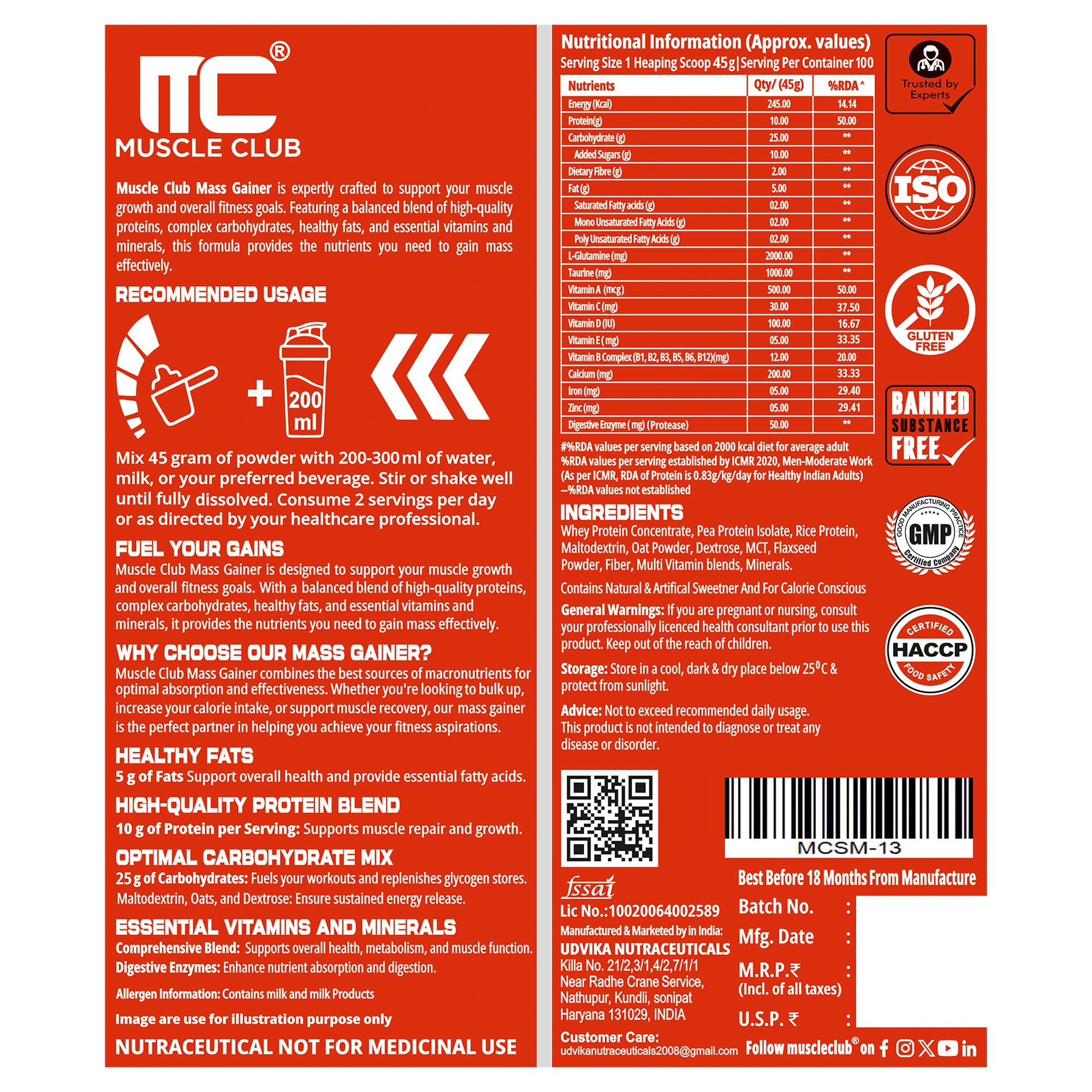 Muscle Club Super Mass Gainer – 1kg – Weight Gainer with L-Glutamine, Taurine, Vitamin A, B-Complex, Calcium, Iron, Zinc & Vitamin D – Supports Muscle Growth, Recovery & Weight Gain - Muscle Club