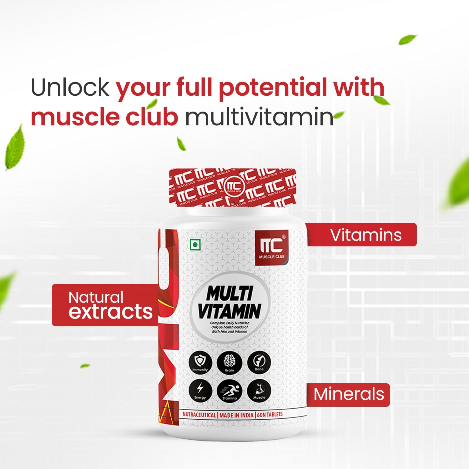 Muscle Club Multivitamin tablet for men & womens | 60 Tabs Multivitamin with Calcium, Zinc, Vitamin D | Antioxidants & Immune Support Nutrients. - Muscle Club