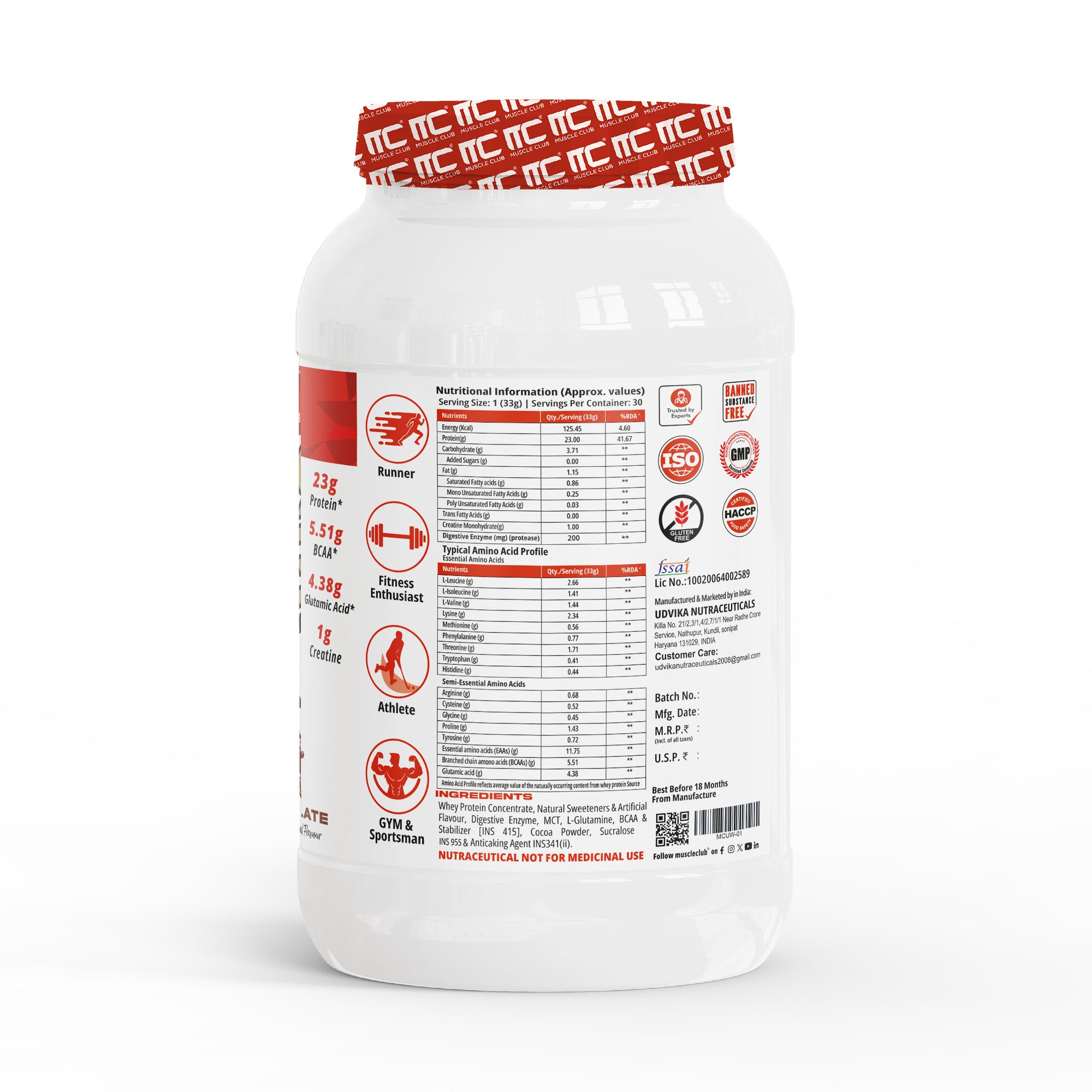 Muscle Club Ultra Whey Protein β 1kg β Premium Whey Protein Isolate & Concentrate Blend β Fast Absorbing Protein Powder with BCAAs & Glutamine β Supports Muscle Growth, Strength & Recovery β Low Carb & Low Fat - Muscle Club