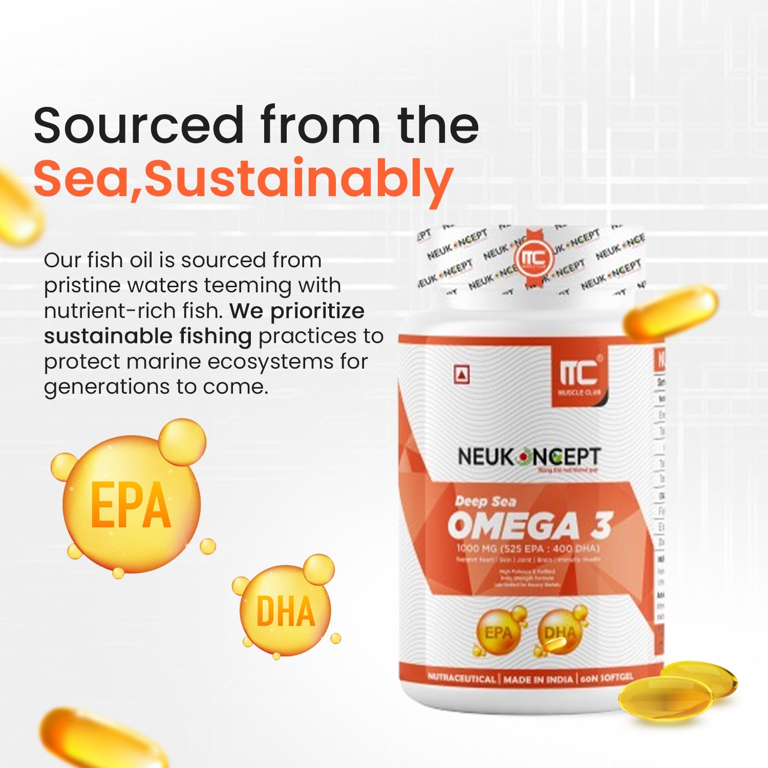 Deep Sea Fish Oil (Omega-3) - Advance Fish Oil with EPA 360mg & DHA 240mg | High absorption Omega 3 for Heart, Brain & Joints | Helps manage cholesterol | Vitamin E - Muscle Club