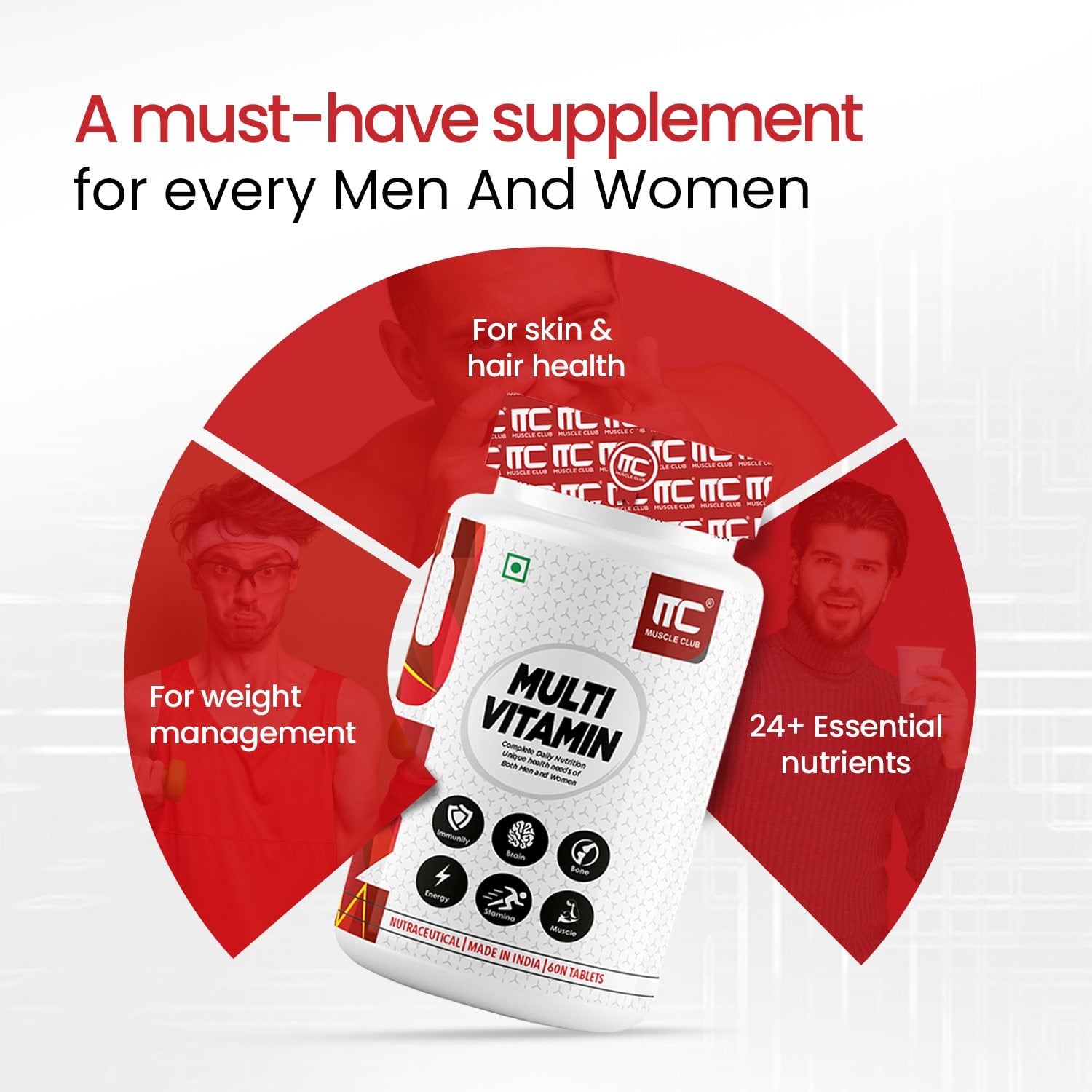 Muscle Club Multivitamin tablet for men & womens | 60 Tabs Multivitamin with Calcium, Zinc, Vitamin D | Antioxidants & Immune Support Nutrients. - Muscle Club