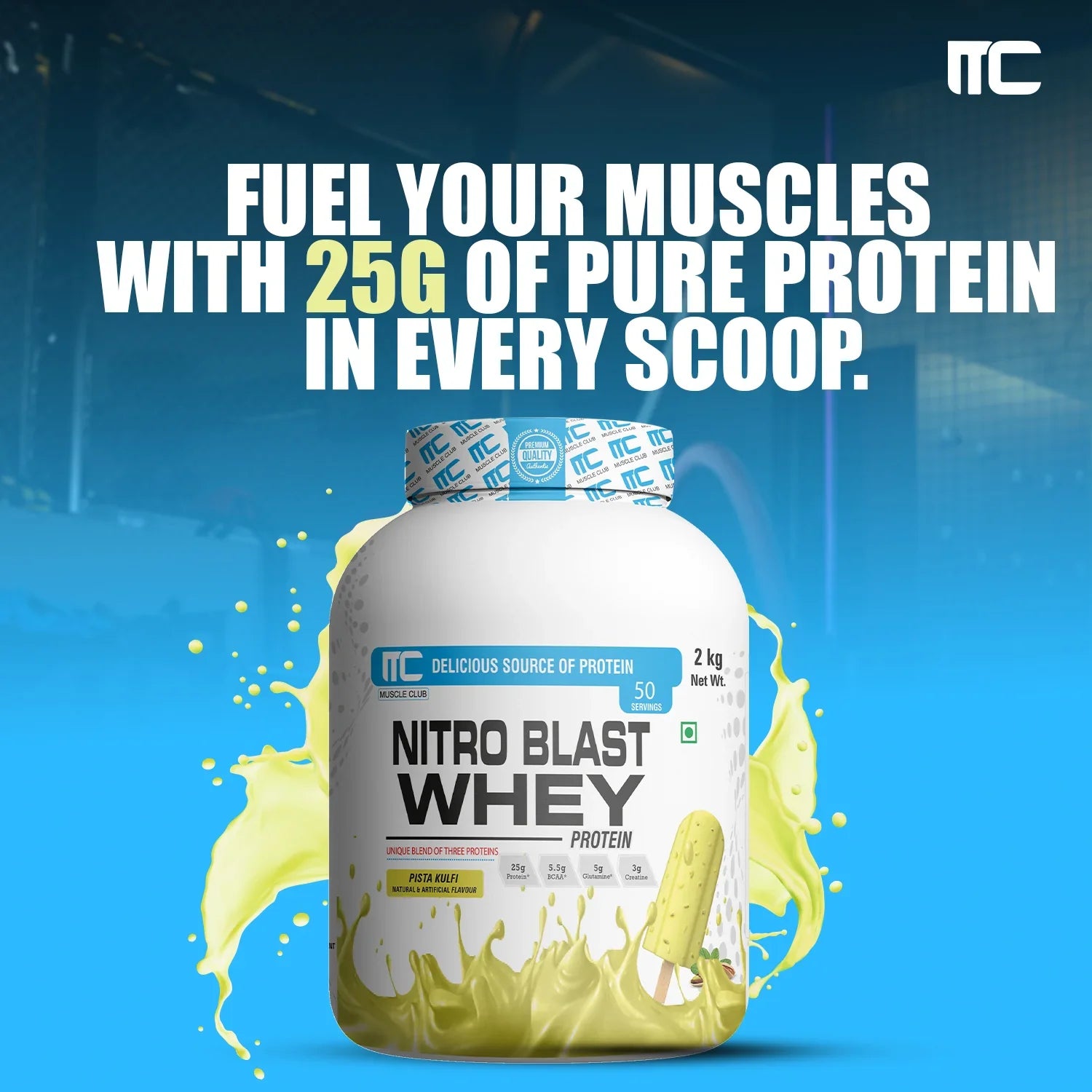 Nitro Blast Whey Protein - Unique Blend of Isolate, Concentrate, and Hydrolyzed Whey | 25g Protein, 5.5g BCAAs, 5g Glutamine, 3g Creatine | 2KG | 50 Servings - Muscle Club