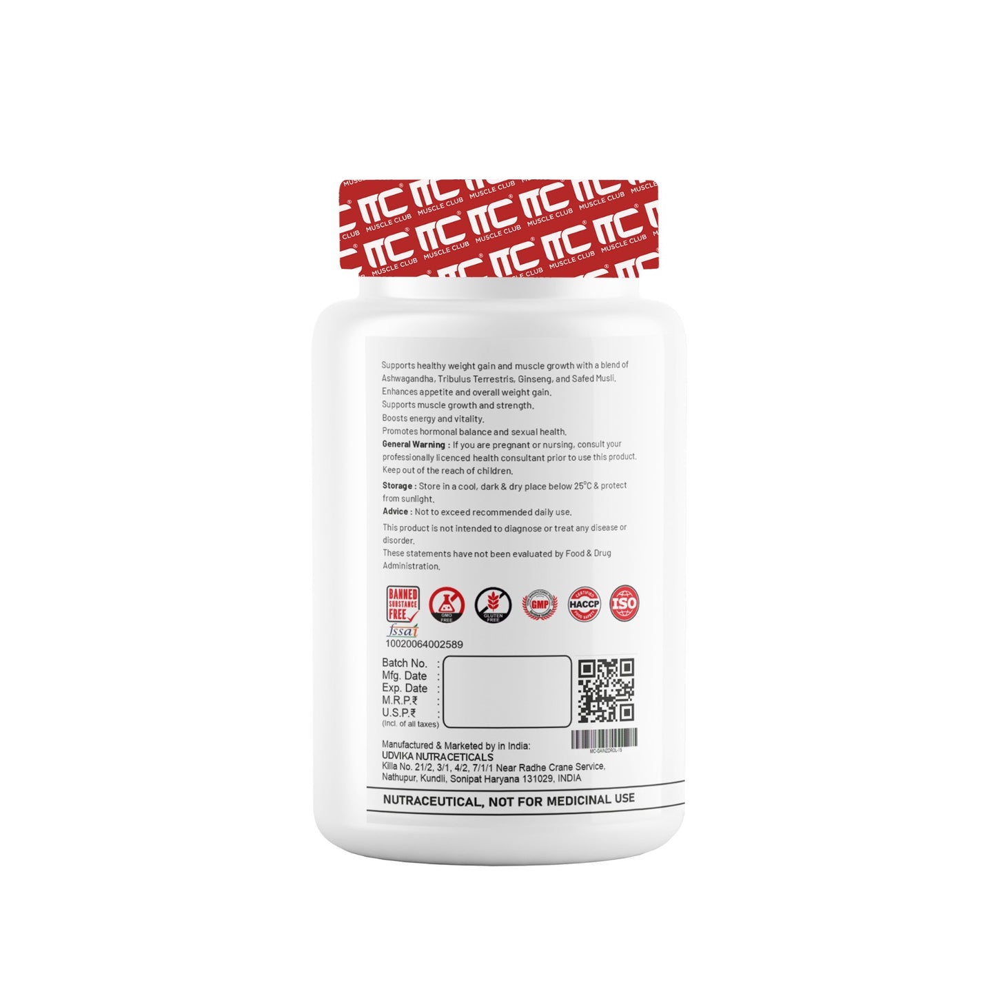 Muscle Club GAINZDROL - Ultimate Weight & Muscle Gainer Tablets with Ashwagandha & Tribulus | Supports Metabolism & Appetite | 60 Tablets