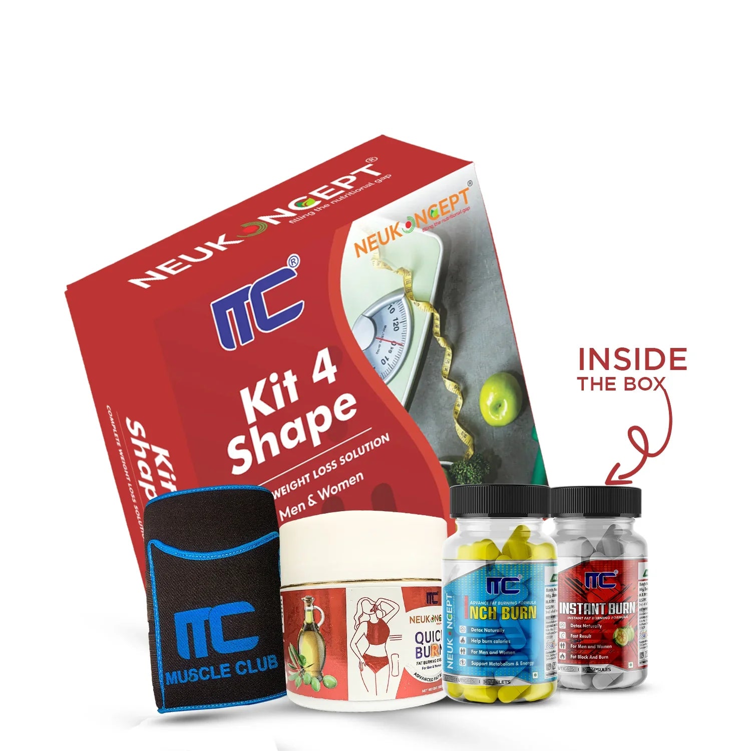 Muscle Club Kit 4 Shape with MC Instant Burn Cap, MC Burn Inches Tabs, Thermogenic Gel, and Sweating Belt - 30 Days Inch Burn Challenge - Muscle Club