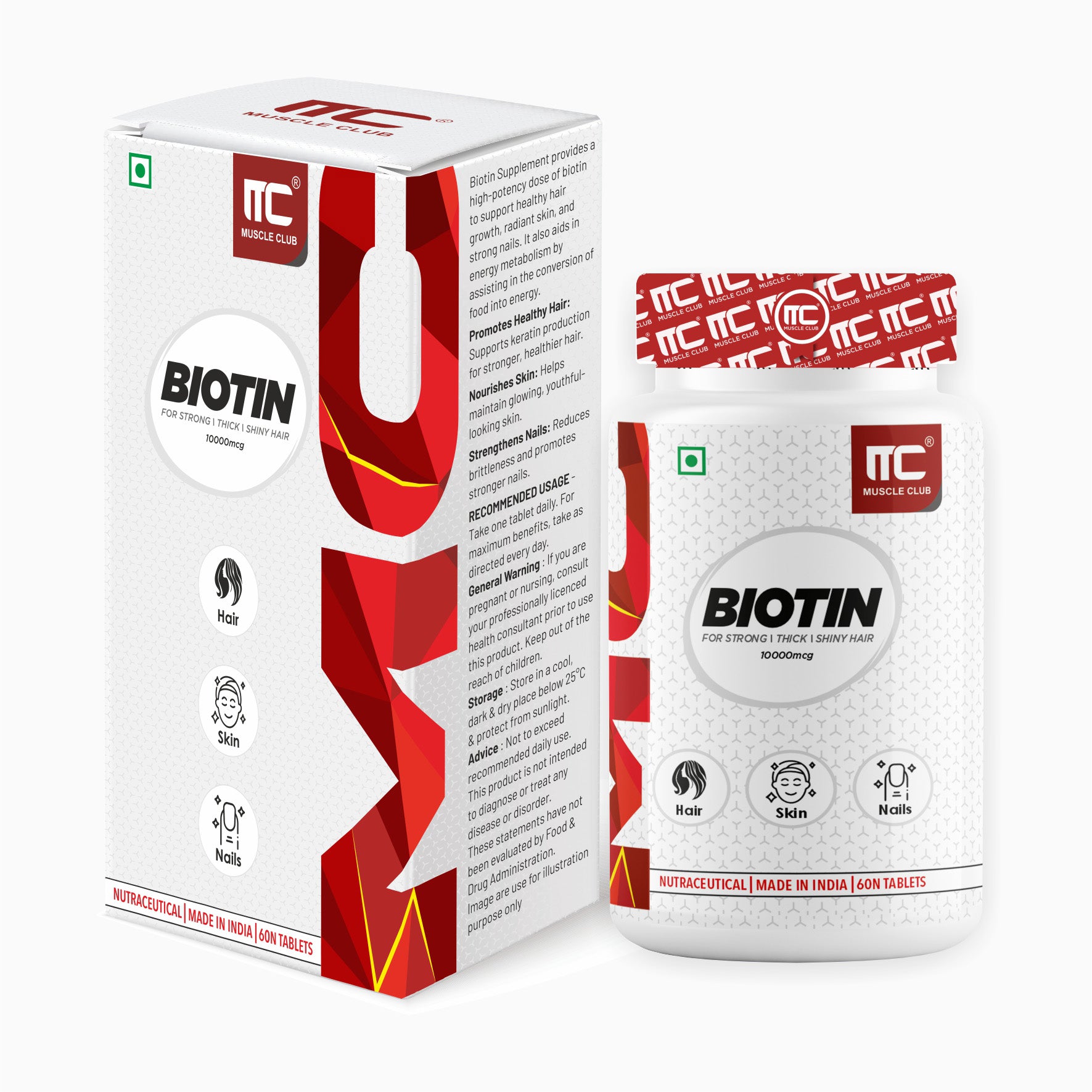 Muscle Club Biotin Supplement 10000mcg - Hair, Skin, Nails | Enhance Your Hair, Skin, and Nails with 10000mcg of Pure Biotin (60 Tab) - Muscle Club