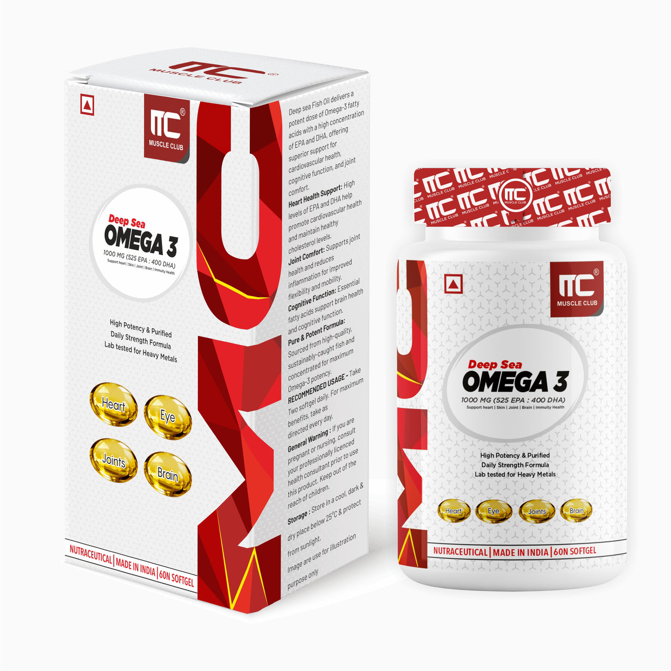 Muscle Club Omega-3 Fish Oil Capsules with Vitamin E 1250mg - Deep Sea Fish Oil with EPA 360mg & DHA 240mg, Natural Vitamin E, High Potency, 60 Softgels