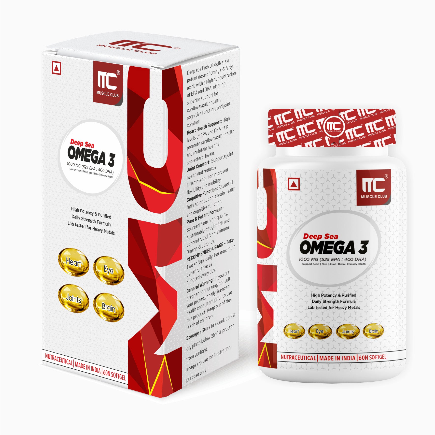 Muscle Club Omega-3 Fish Oil Capsules with Vitamin E 1250mg - Deep Sea Fish Oil with EPA 360mg & DHA 240mg, Natural Vitamin E, High Potency, 60 Softgels - Muscle Club