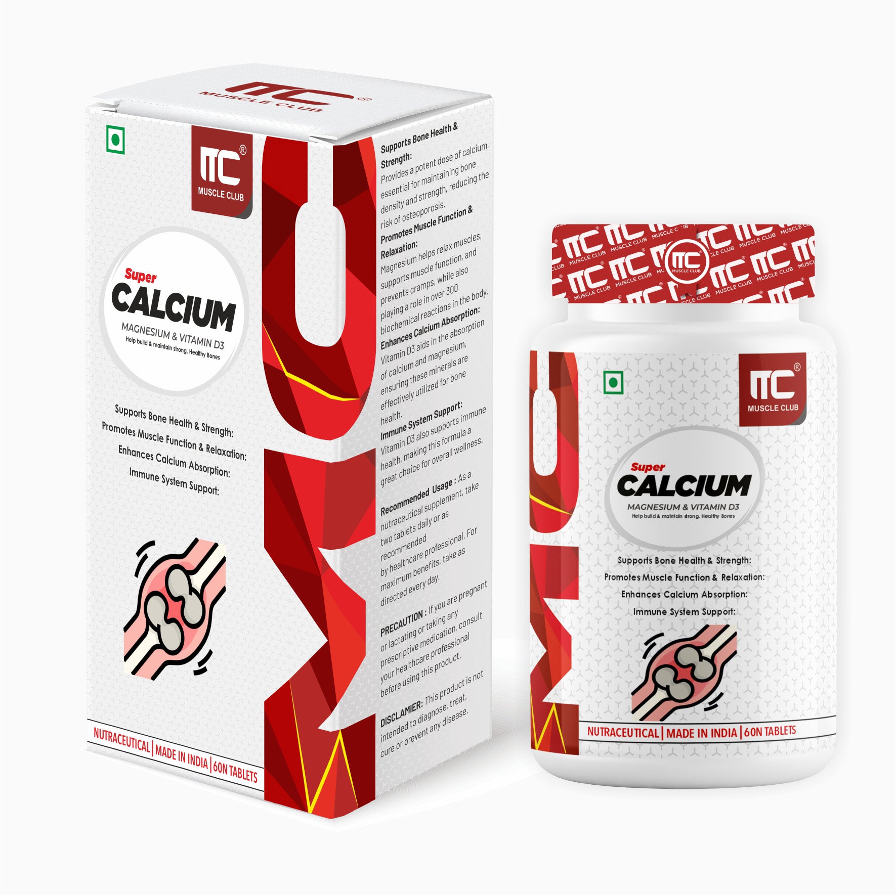 Muscle Club Super Calcium, Magnesium & Vitamin D3 - Bone Health Supplement, 60 Tablets - Muscle Club