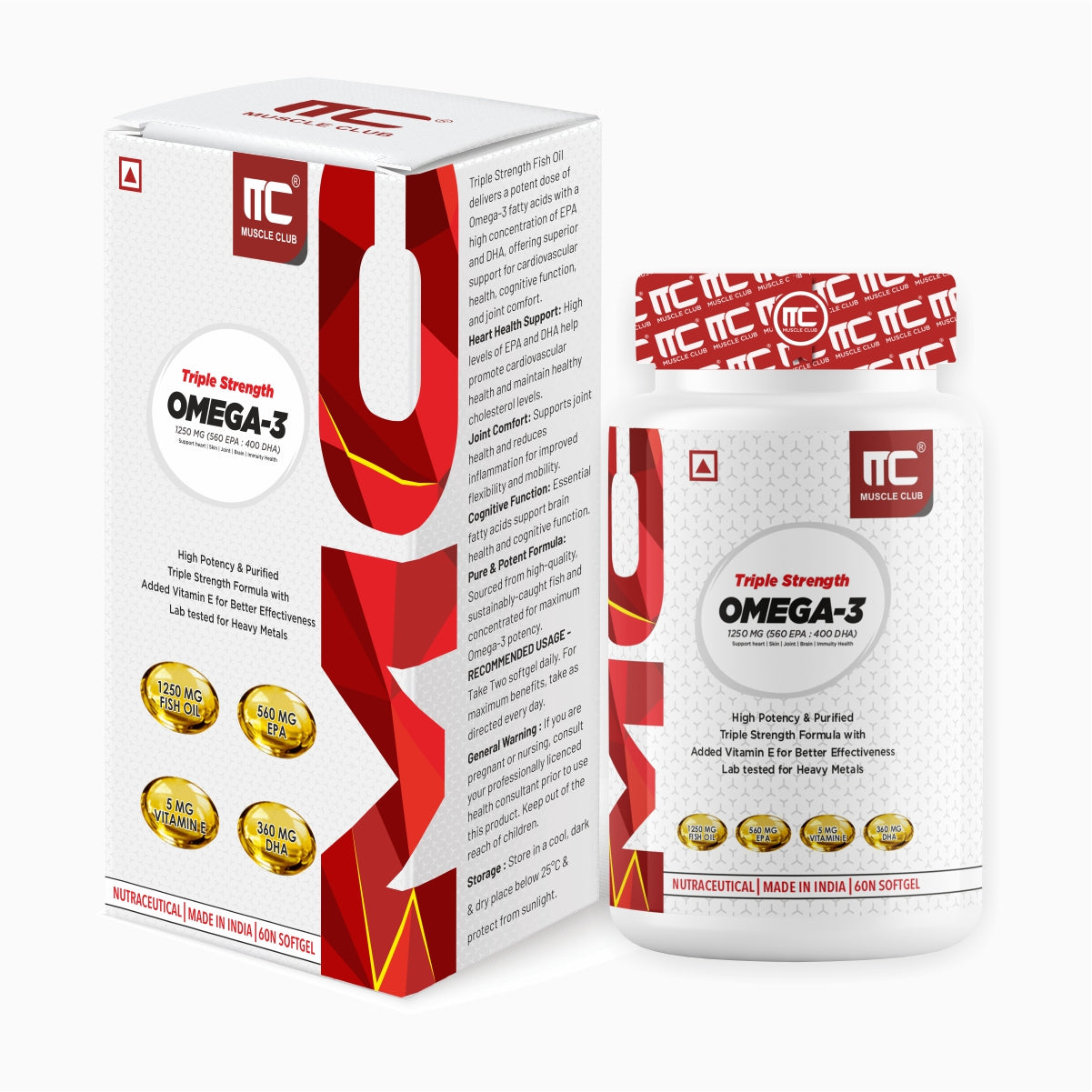 Muscle Club Triple Strength Omega-3 1200 mg Softgel Capsules - High Potency Formula with EPA, DHA, Vitamin D3, and Vitamin E - Supports Heart, Skin, Joint, Eye, Brain & Immunity Health - 60 Softgels - Muscle Club