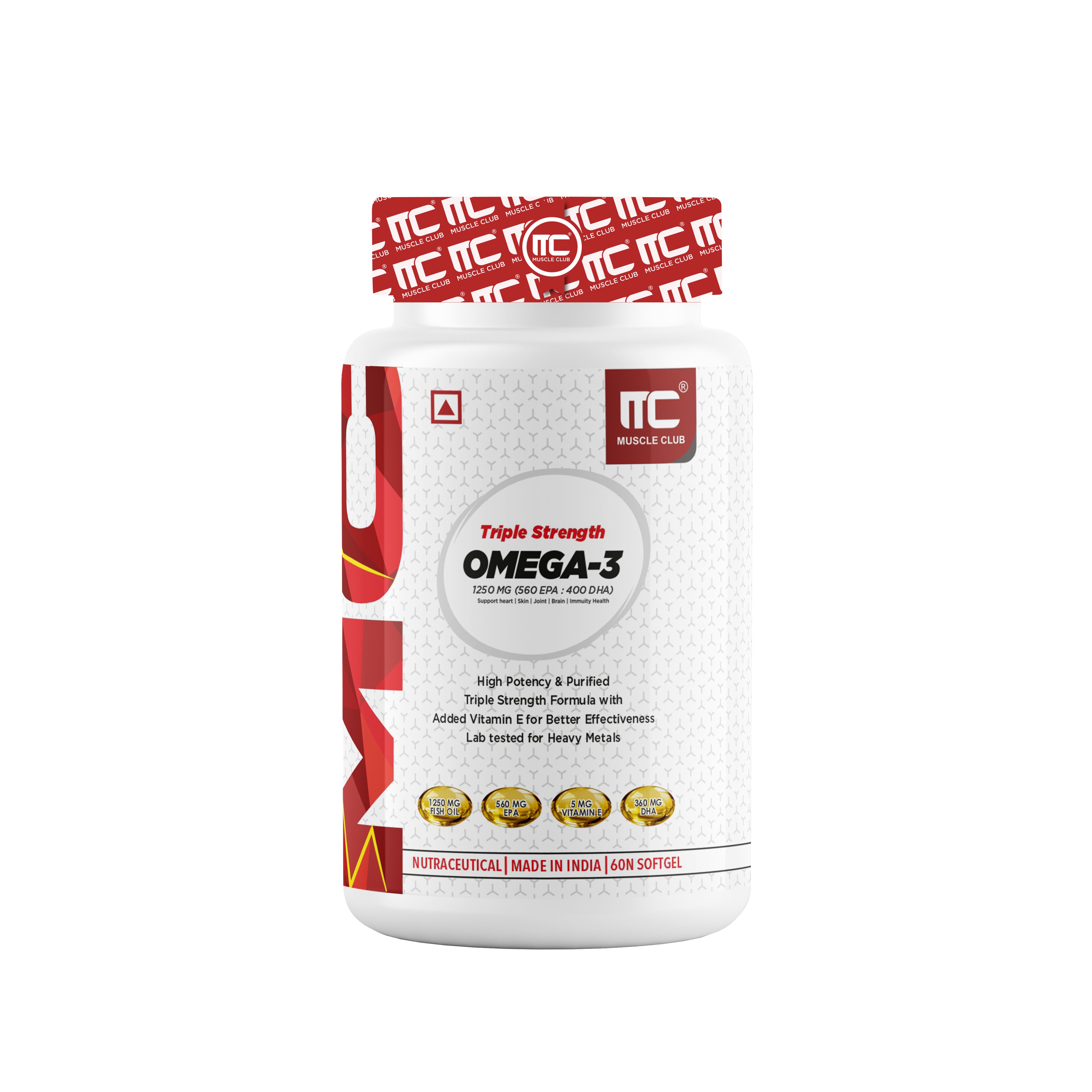 Muscle Club Triple Strength Omega-3 1200 mg Softgel Capsules - High Potency Formula with EPA, DHA, Vitamin D3, and Vitamin E - Supports Heart, Skin, Joint, Eye, Brain & Immunity Health - 60 Softgels - Muscle Club