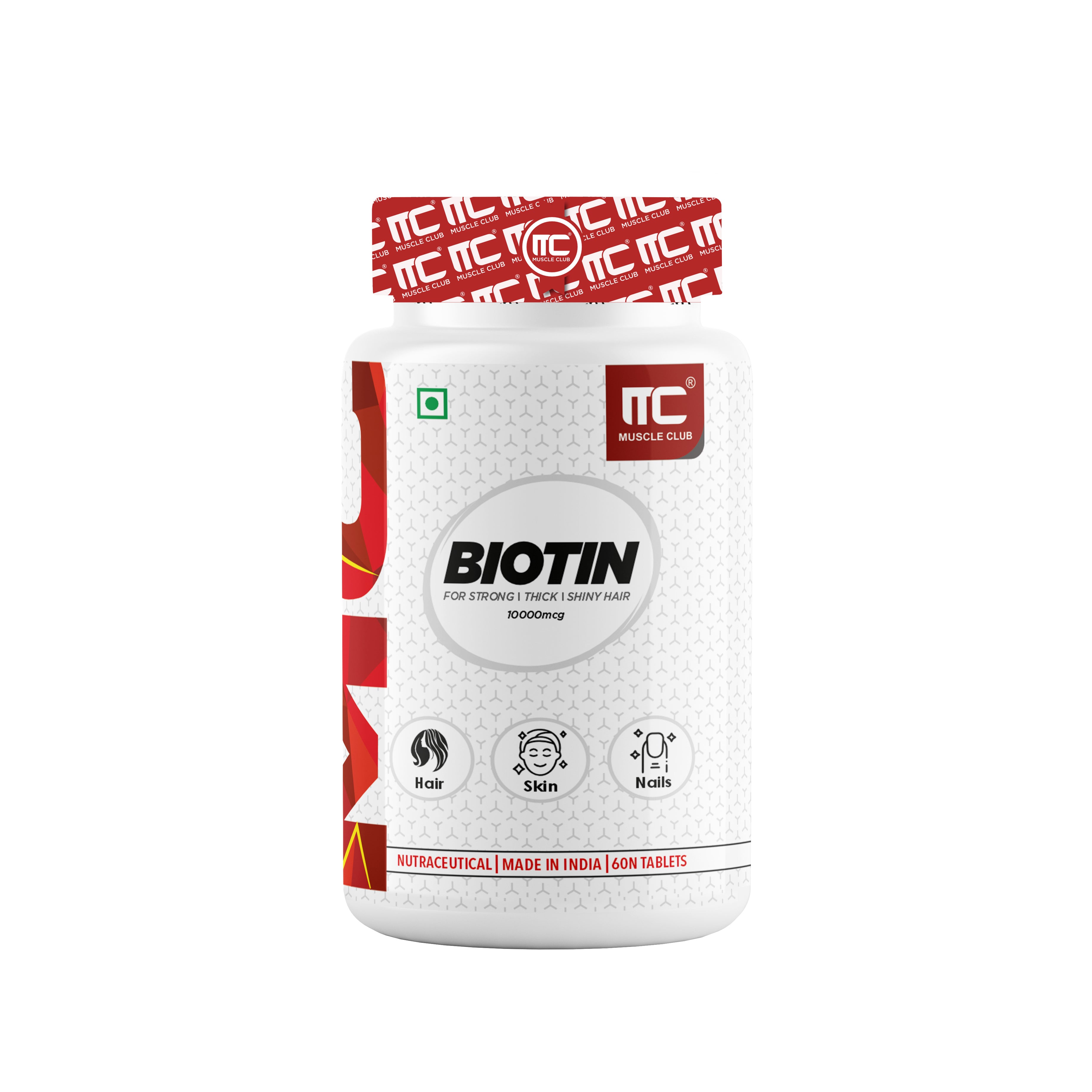 Muscle Club Biotin Supplement 10000mcg - Hair, Skin, Nails | Enhance Your Hair, Skin, and Nails with 10000mcg of Pure Biotin (60 Tab) - Muscle Club
