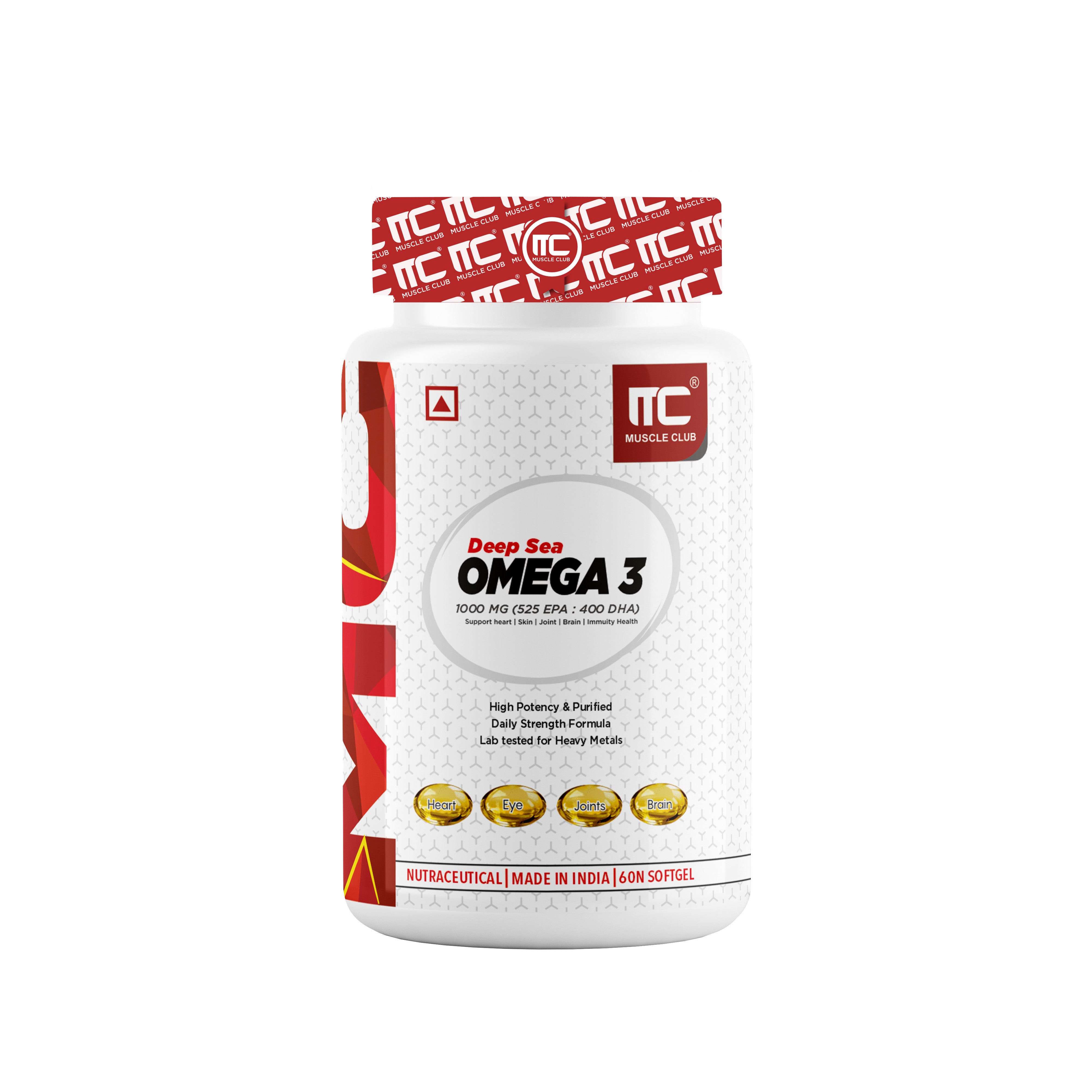 Muscle Club Omega-3 Fish Oil Capsules with Vitamin E 1250mg - Deep Sea Fish Oil with EPA 360mg & DHA 240mg, Natural Vitamin E, High Potency, 60 Softgels - Muscle Club