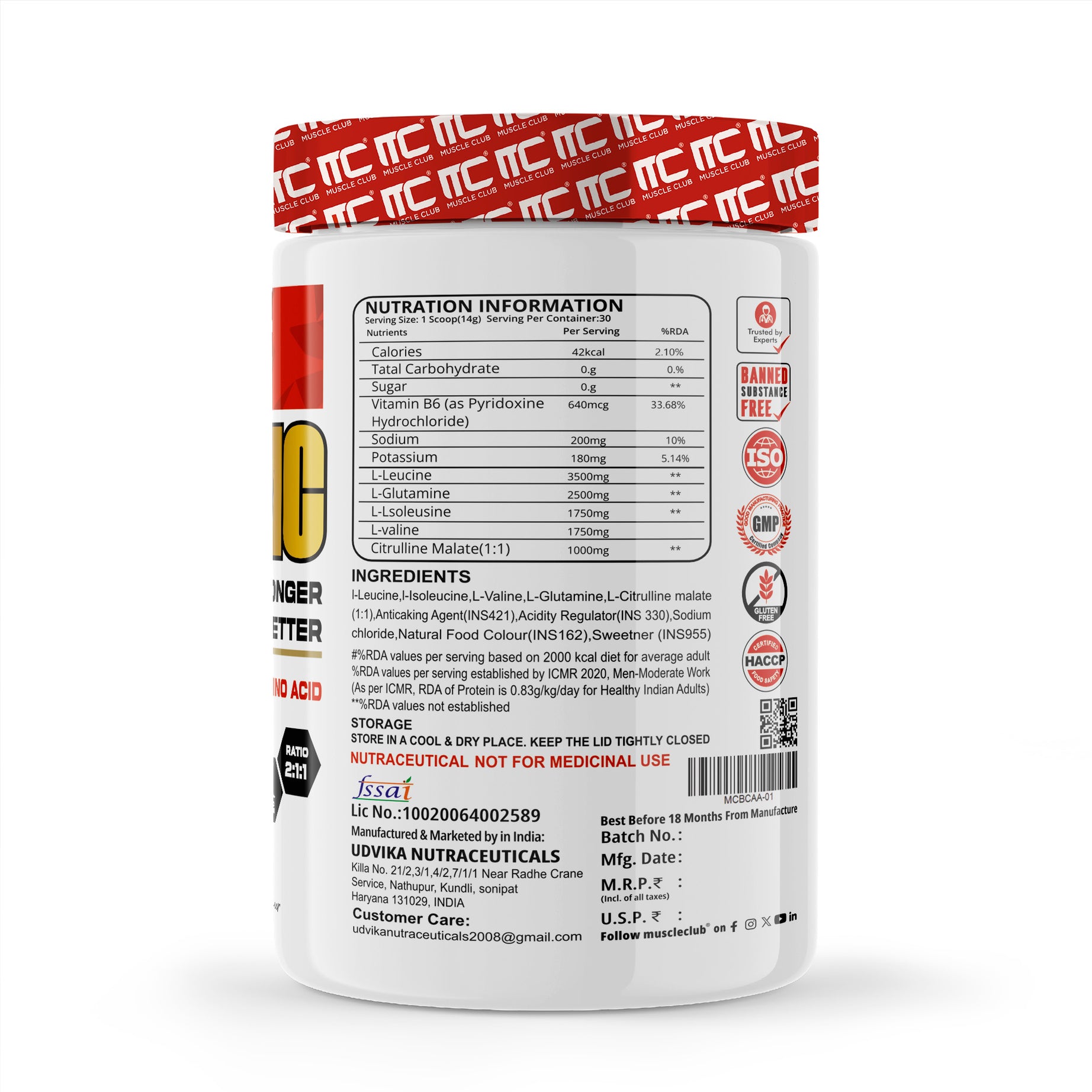 Muscle Club BCAA Powder - 5g BCAAs, Beta Alanine, L-Arginine, Taurine, Vitamin B Complex - Intra-Workout Muscle Recovery and Strength - 30 Servings, 360g - Muscle Club