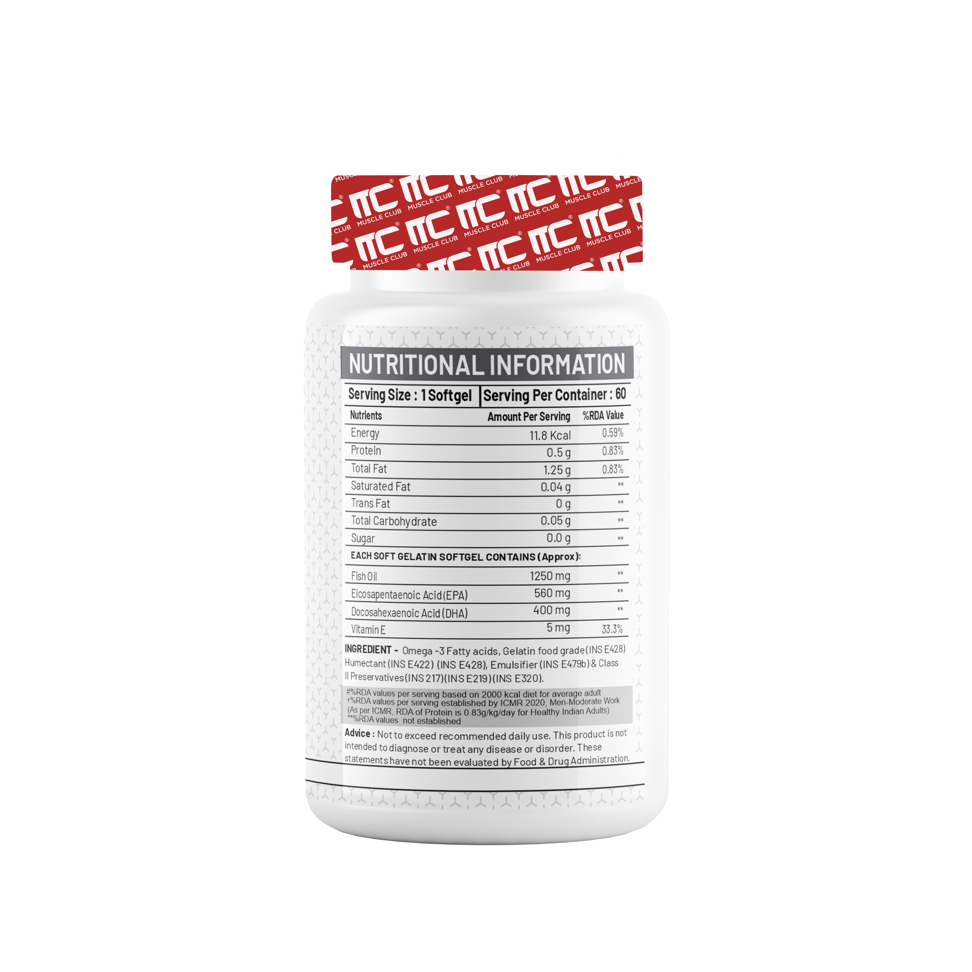 Muscle Club Triple Strength Omega-3 1200 mg Softgel Capsules - High Potency Formula with EPA, DHA, Vitamin D3, and Vitamin E - Supports Heart, Skin, Joint, Eye, Brain & Immunity Health - 60 Softgels - Muscle Club