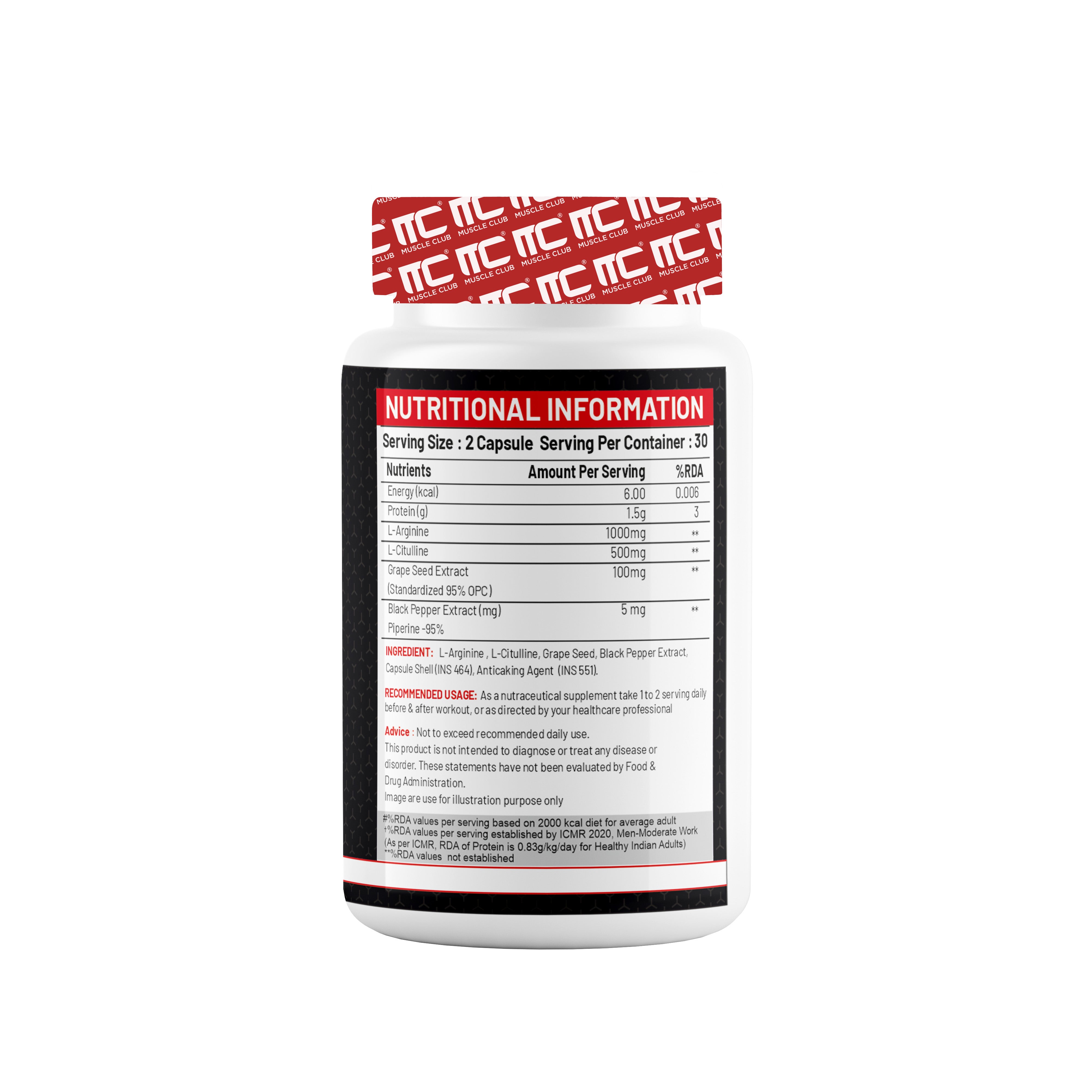 Arginine Citrulline Complex - Nitric Oxide Booster with Grape Seed Extract, 60 Caps - Muscle Club