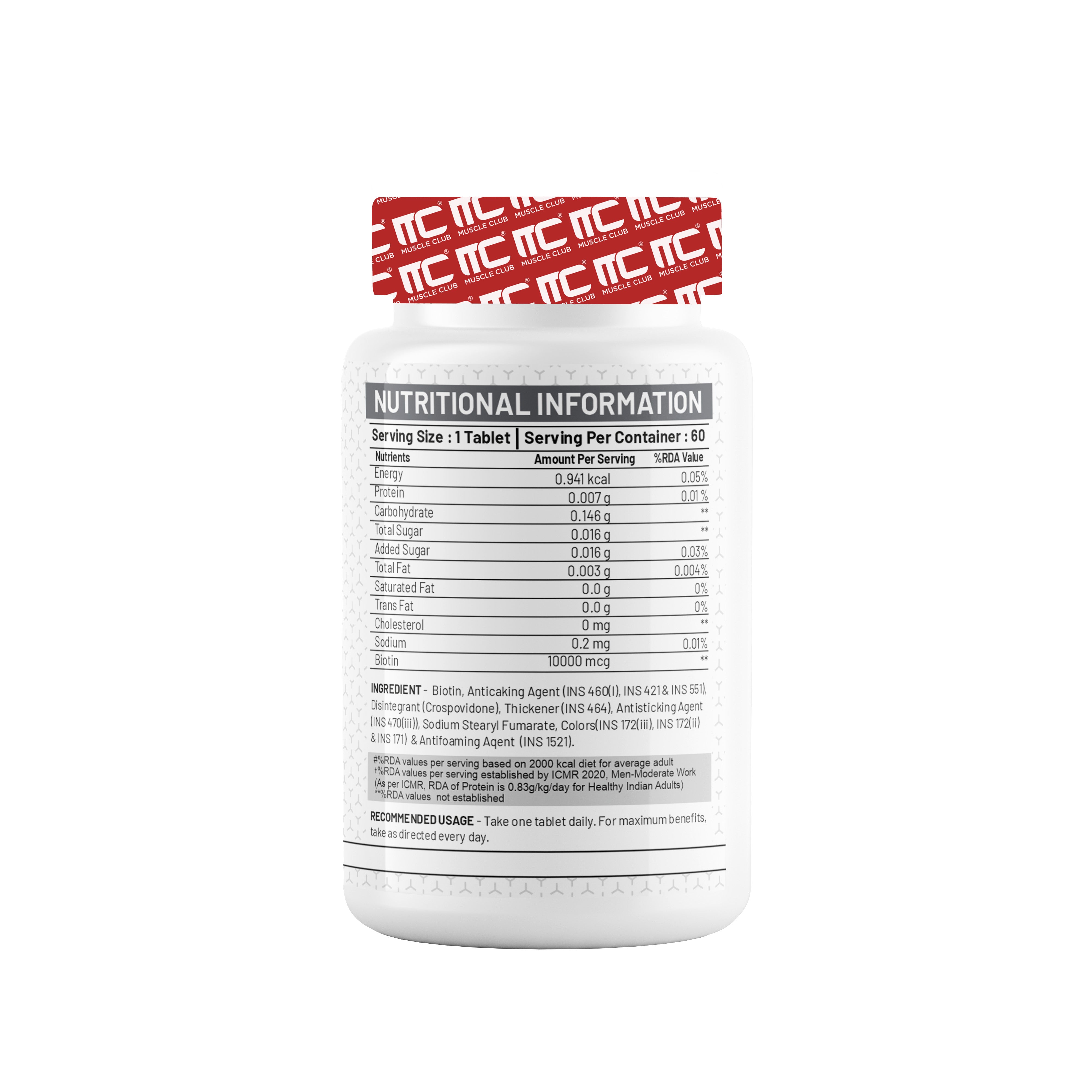 Muscle Club Biotin Supplement 10000mcg - Hair, Skin, Nails | Enhance Your Hair, Skin, and Nails with 10000mcg of Pure Biotin (60 Tab) - Muscle Club