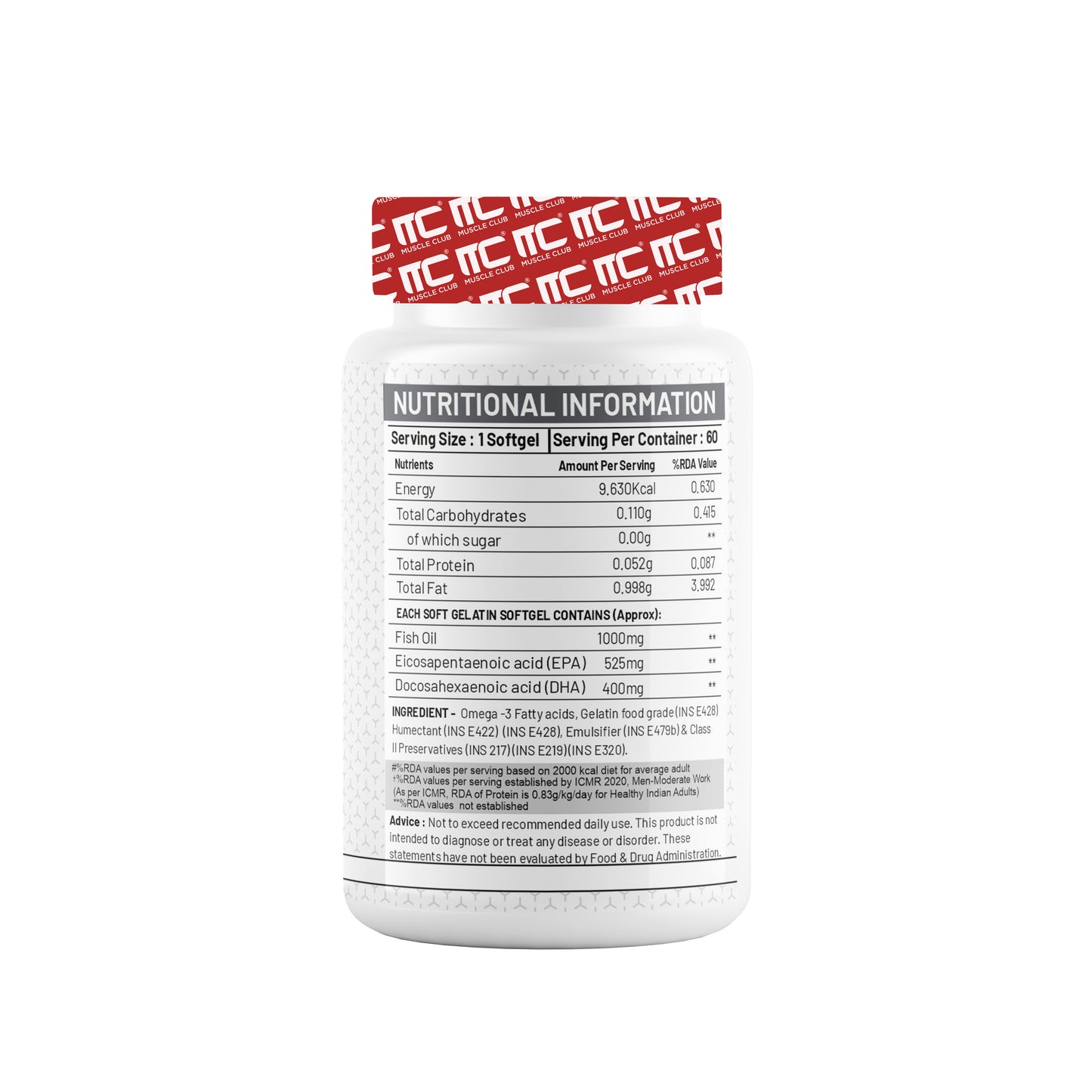 Muscle Club Omega-3 Fish Oil Capsules with Vitamin E 1250mg - Deep Sea Fish Oil with EPA 360mg & DHA 240mg, Natural Vitamin E, High Potency, 60 Softgels - Muscle Club