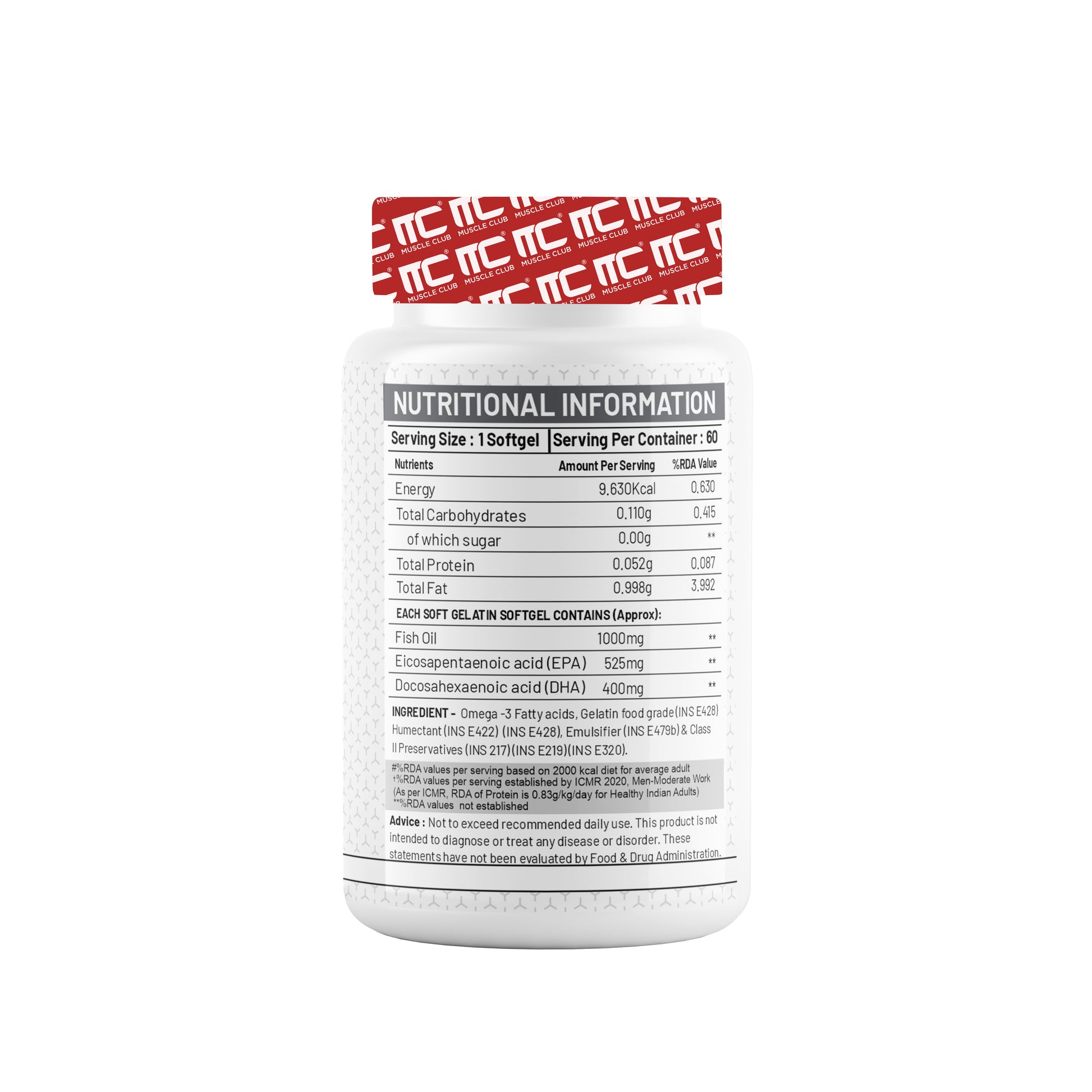 Muscle Club Omega-3 Fish Oil Capsules with Vitamin E 1250mg - Deep Sea Fish Oil with EPA 360mg & DHA 240mg, Natural Vitamin E, High Potency, 60 Softgels - Muscle Club