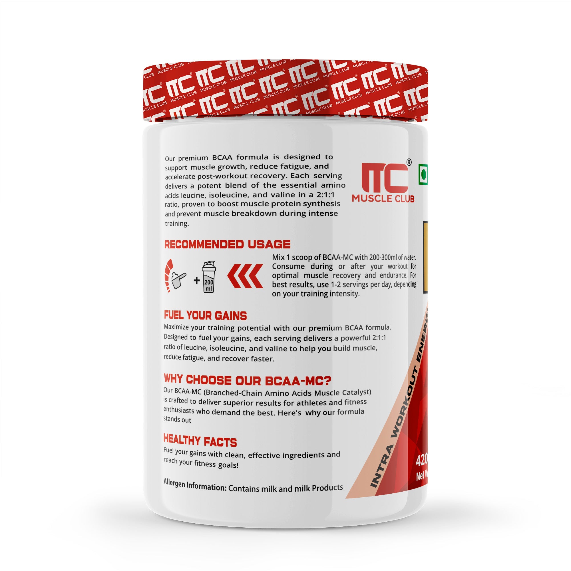 Muscle Club BCAA Powder - 5g BCAAs, Beta Alanine, L-Arginine, Taurine, Vitamin B Complex - Intra-Workout Muscle Recovery and Strength - 30 Servings, 360g - Muscle Club