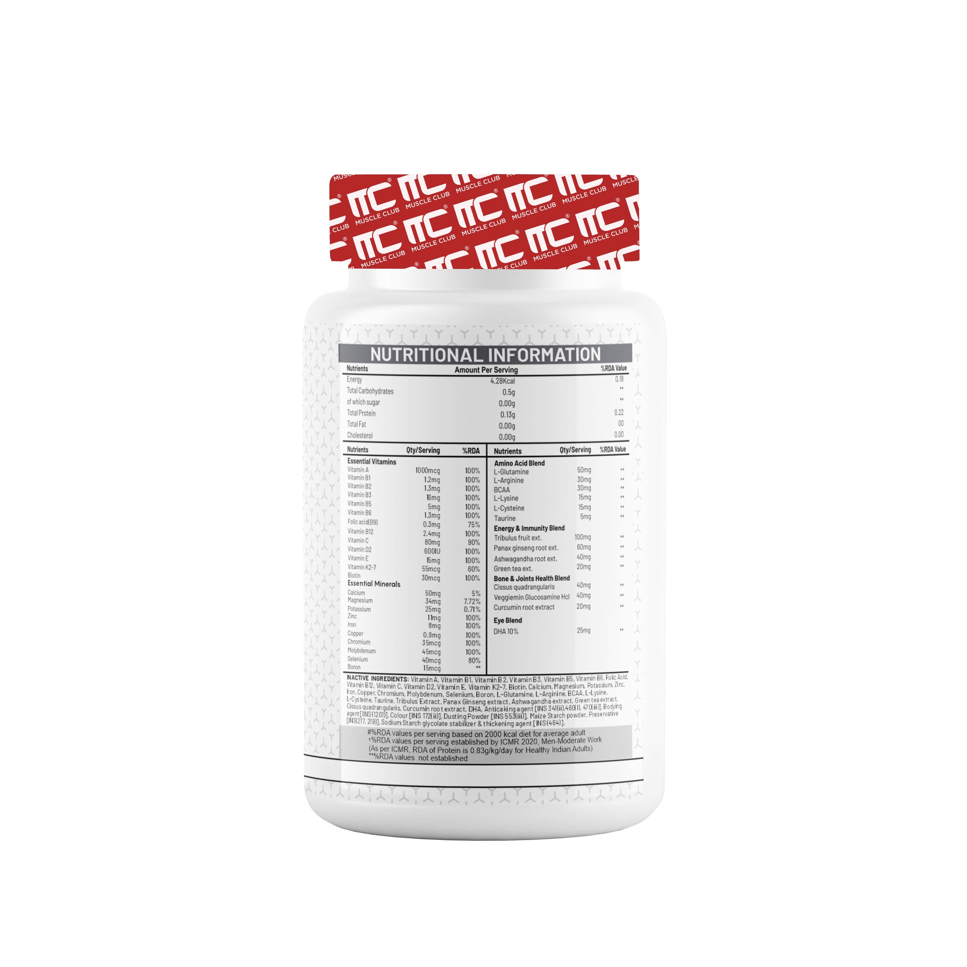 Muscle Club Multivitamin tablet for men & womens | 60 Tabs Multivitamin with Calcium, Zinc, Vitamin D | Antioxidants & Immune Support Nutrients. - Muscle Club