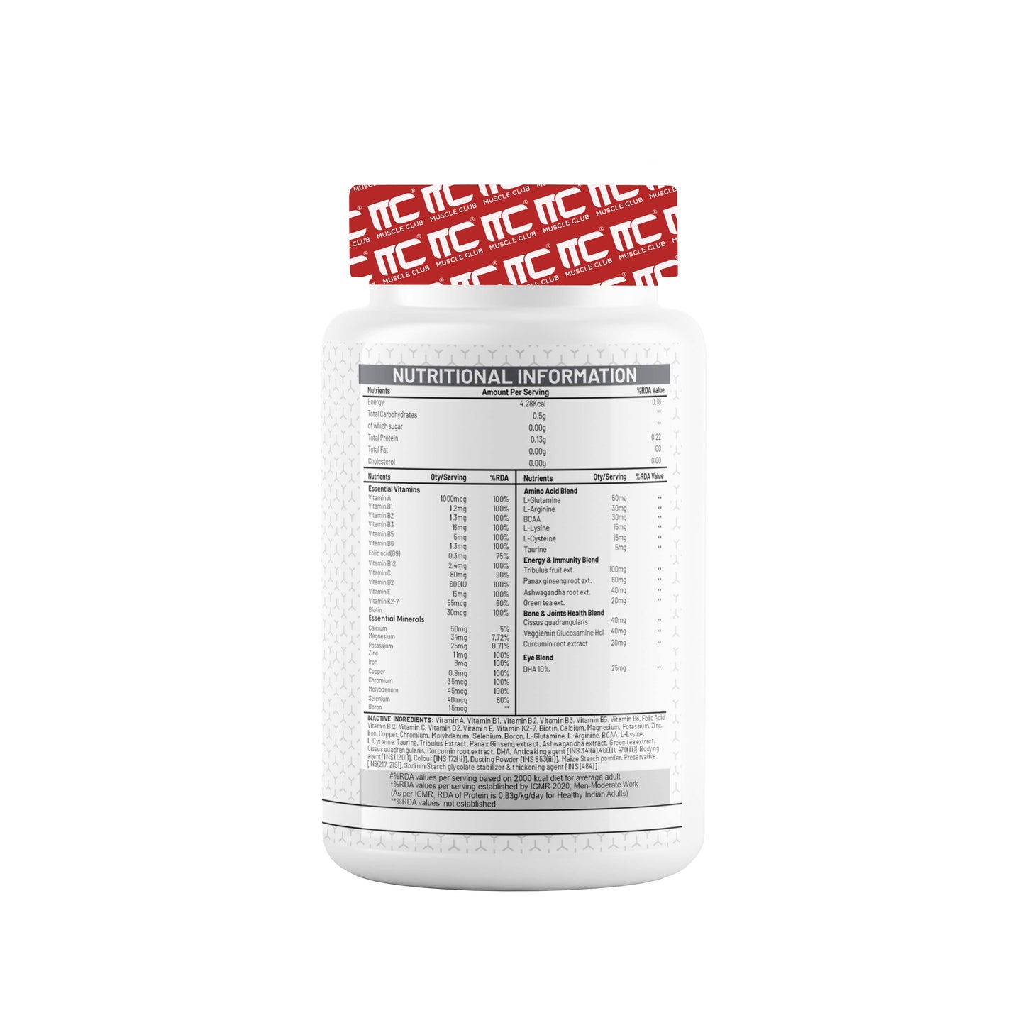 Muscle Club Multivitamin tablet for men & womens | 60 Tabs Multivitamin with Calcium, Zinc, Vitamin D | Antioxidants & Immune Support Nutrients. - Muscle Club