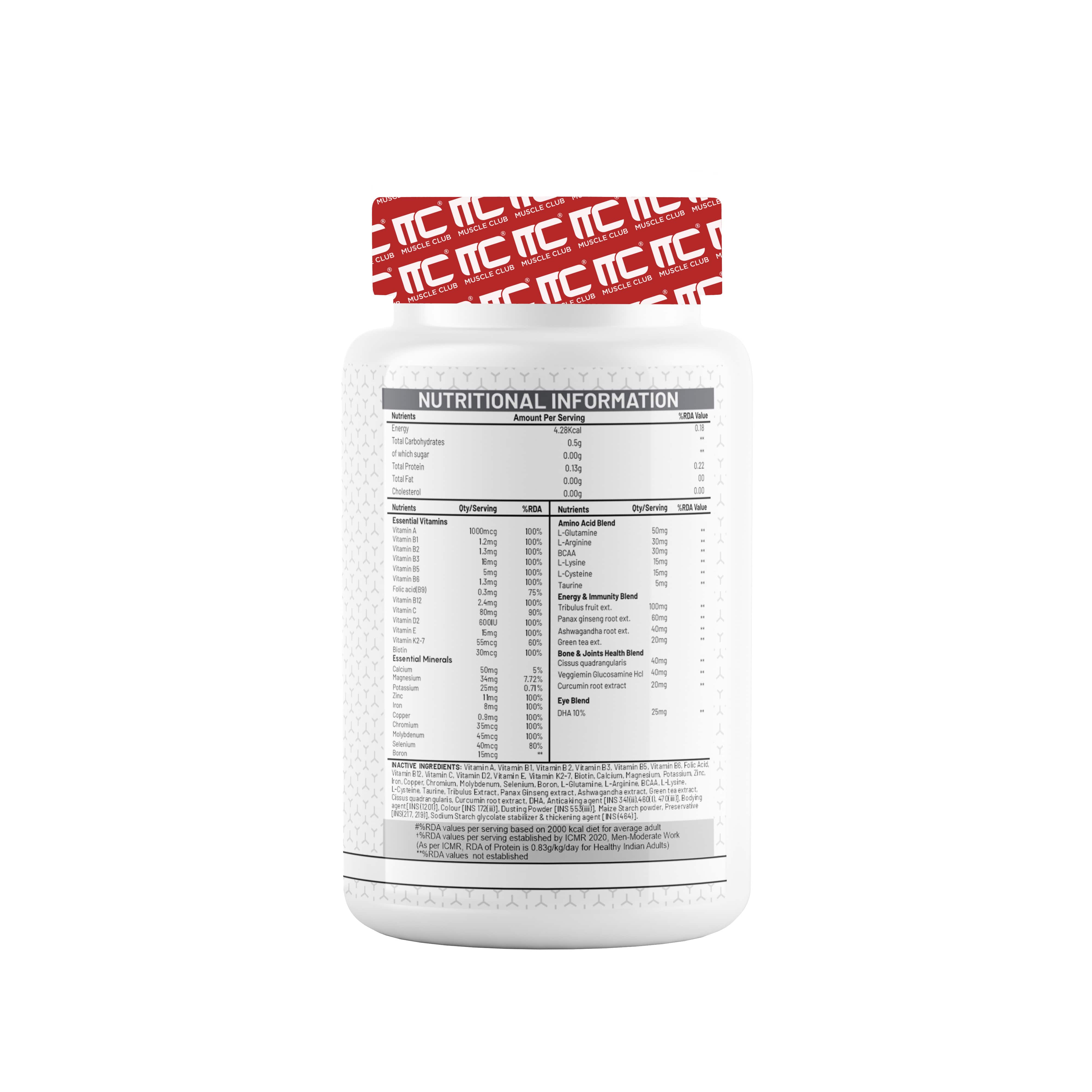 Muscle Club Multivitamin tablet for men & womens | 60 Tabs Multivitamin with Calcium, Zinc, Vitamin D | Antioxidants & Immune Support Nutrients. - Muscle Club