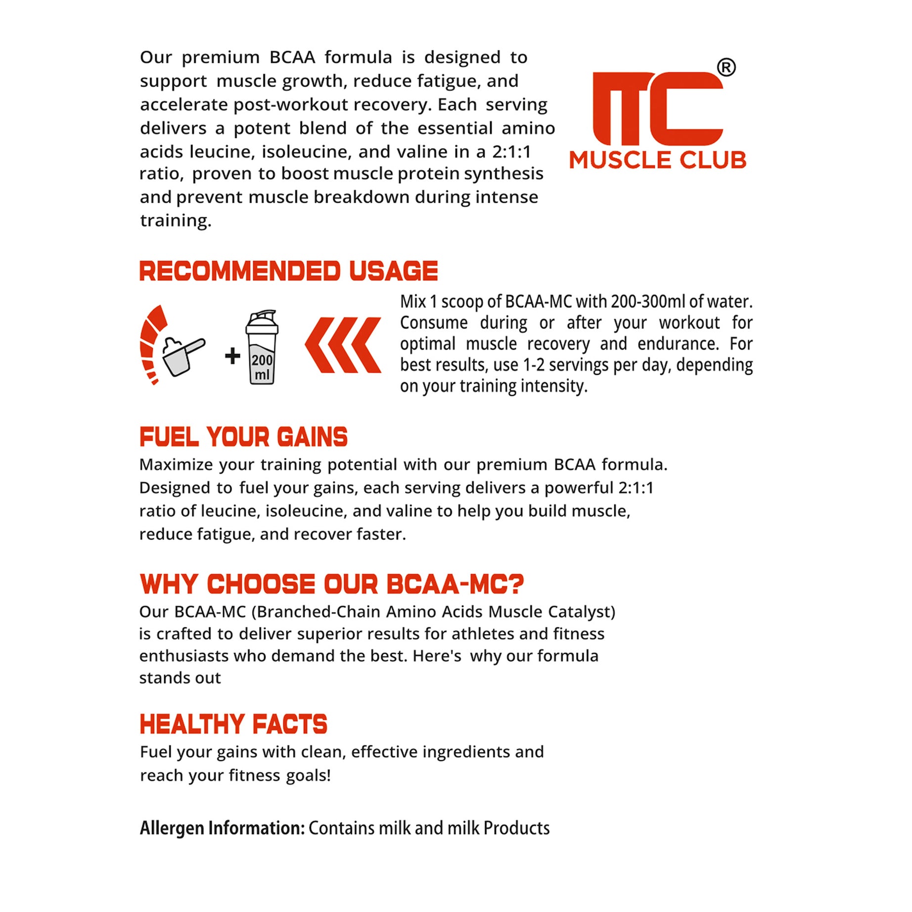 Muscle Club BCAA Powder - 5g BCAAs, Beta Alanine, L-Arginine, Taurine, Vitamin B Complex - Intra-Workout Muscle Recovery and Strength - 30 Servings, 360g - Muscle Club