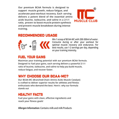 Muscle Club BCAA Powder - 5g BCAAs, Beta Alanine, L-Arginine, Taurine, Vitamin B Complex - Intra-Workout Muscle Recovery and Strength - 30 Servings, 360g - Muscle Club