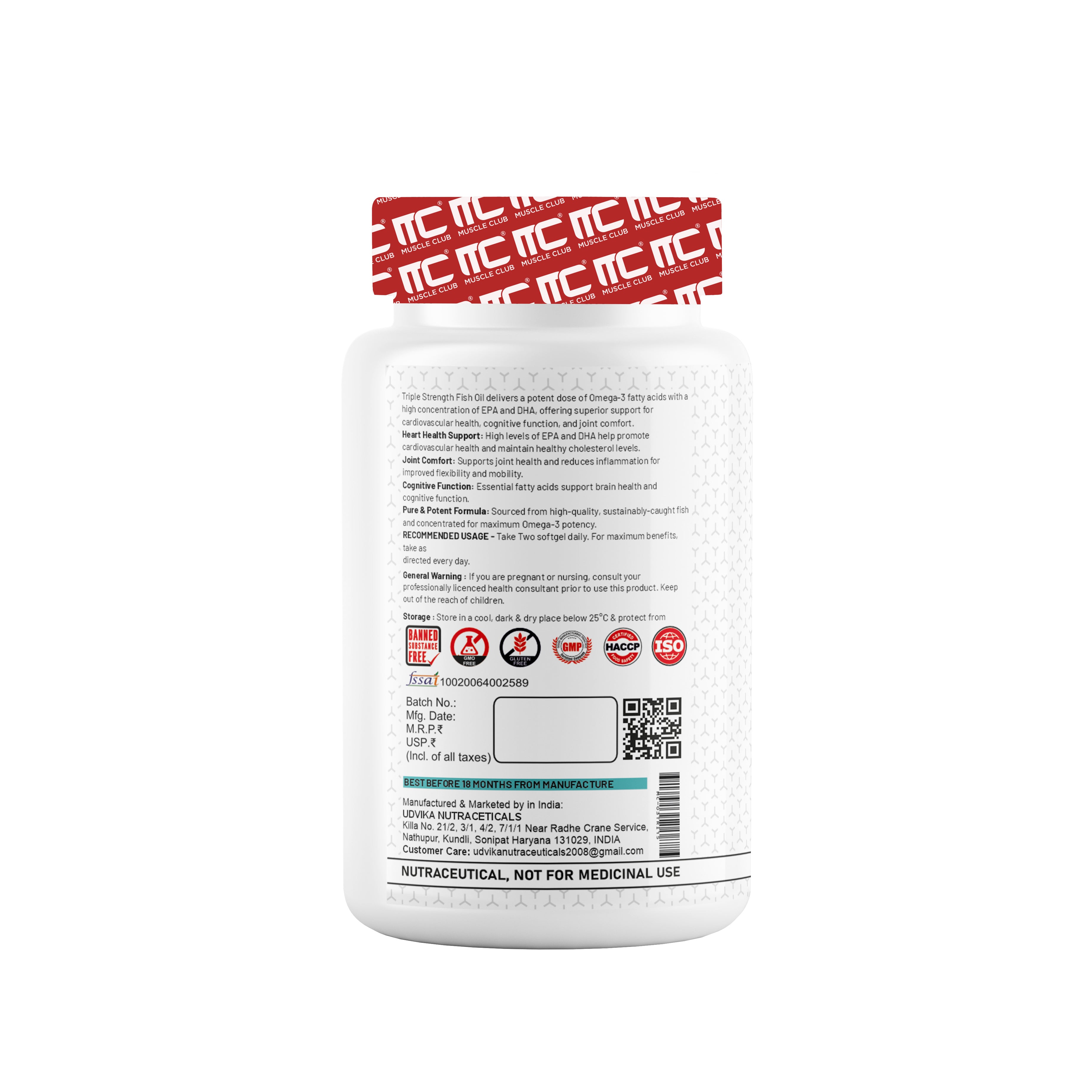 Muscle Club Triple Strength Omega-3 1200 mg Softgel Capsules - High Potency Formula with EPA, DHA, Vitamin D3, and Vitamin E - Supports Heart, Skin, Joint, Eye, Brain & Immunity Health - 60 Softgels - Muscle Club