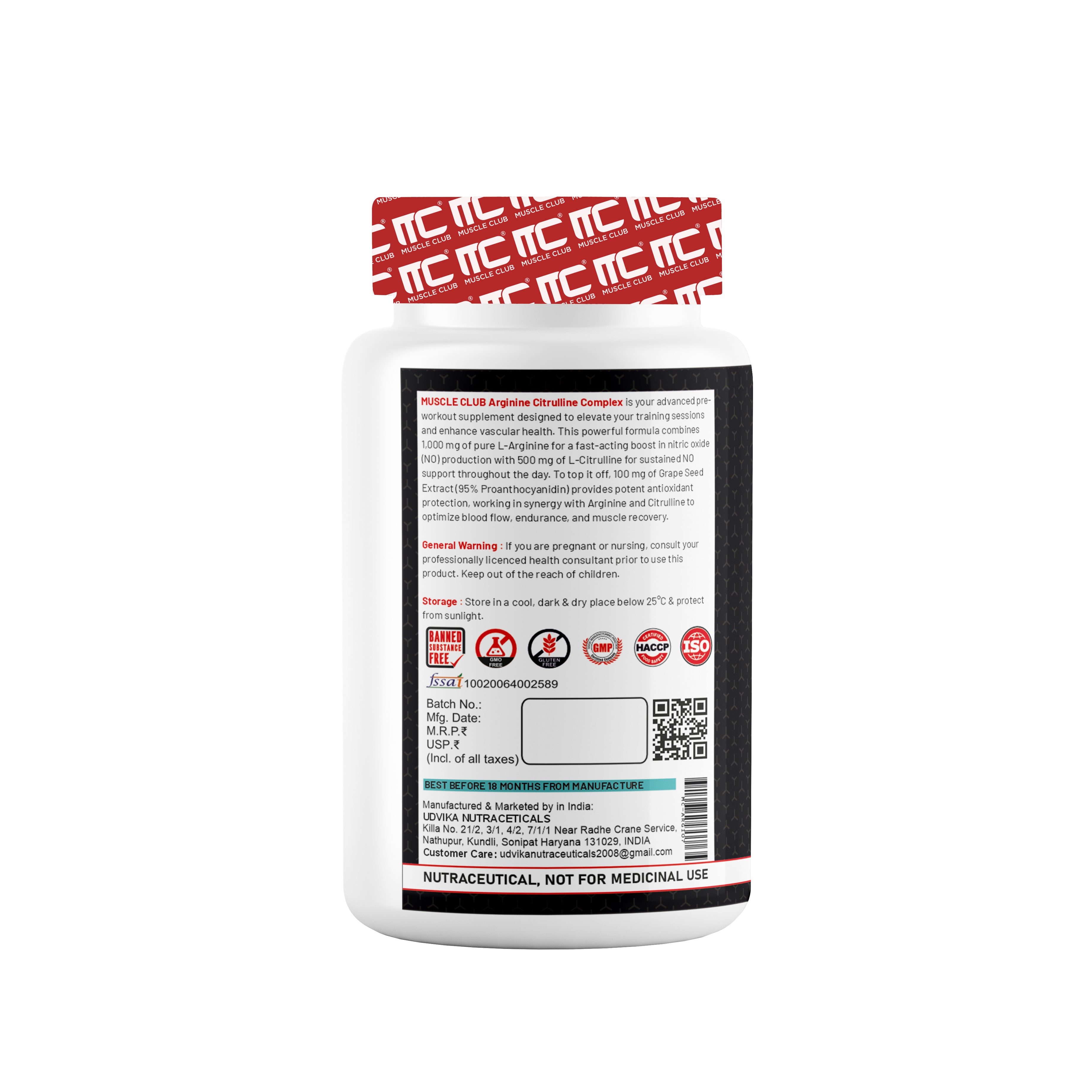 Arginine Citrulline Complex - Nitric Oxide Booster with Grape Seed Extract, 60 Caps - Muscle Club