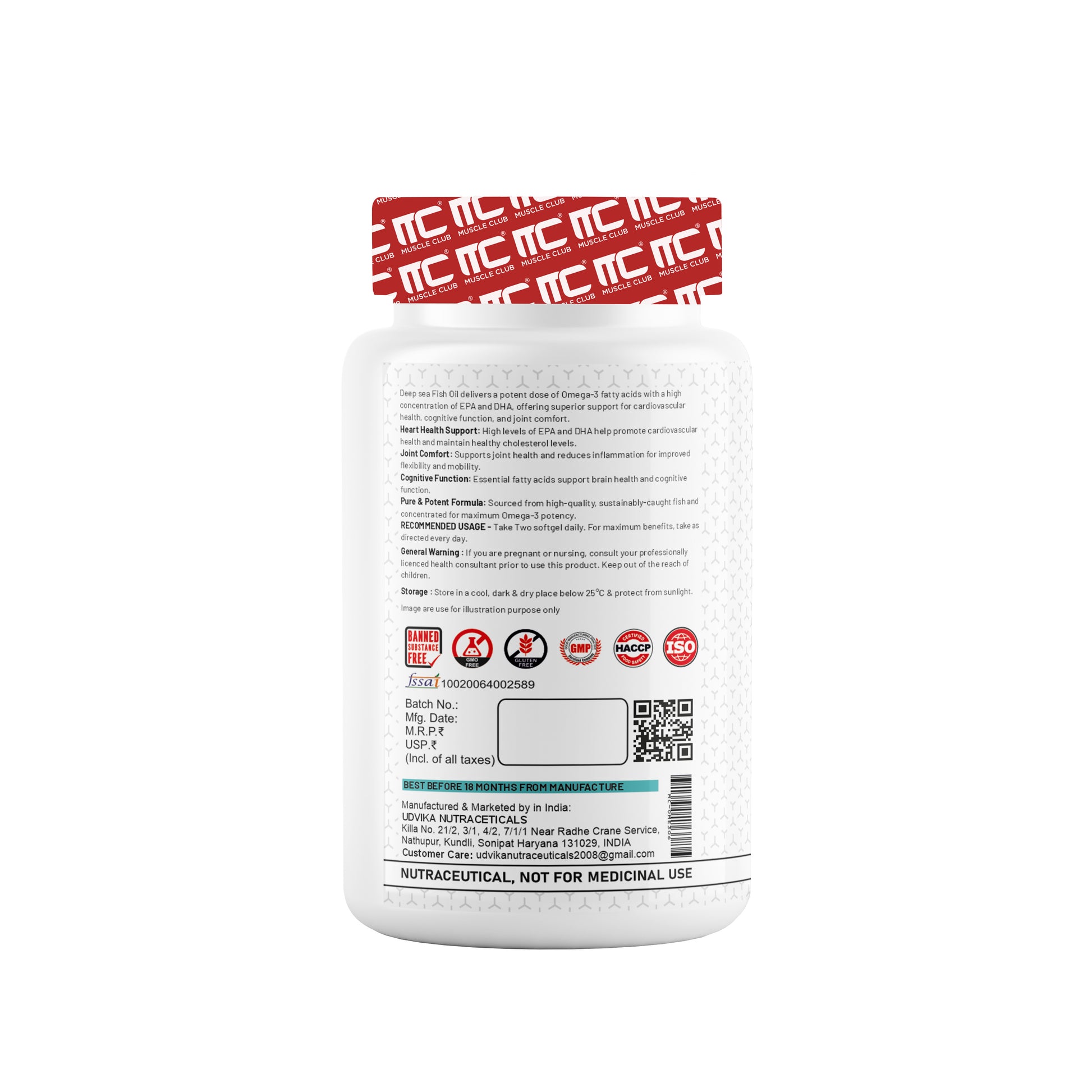 Muscle Club Omega-3 Fish Oil Capsules with Vitamin E 1250mg - Deep Sea Fish Oil with EPA 360mg & DHA 240mg, Natural Vitamin E, High Potency, 60 Softgels - Muscle Club