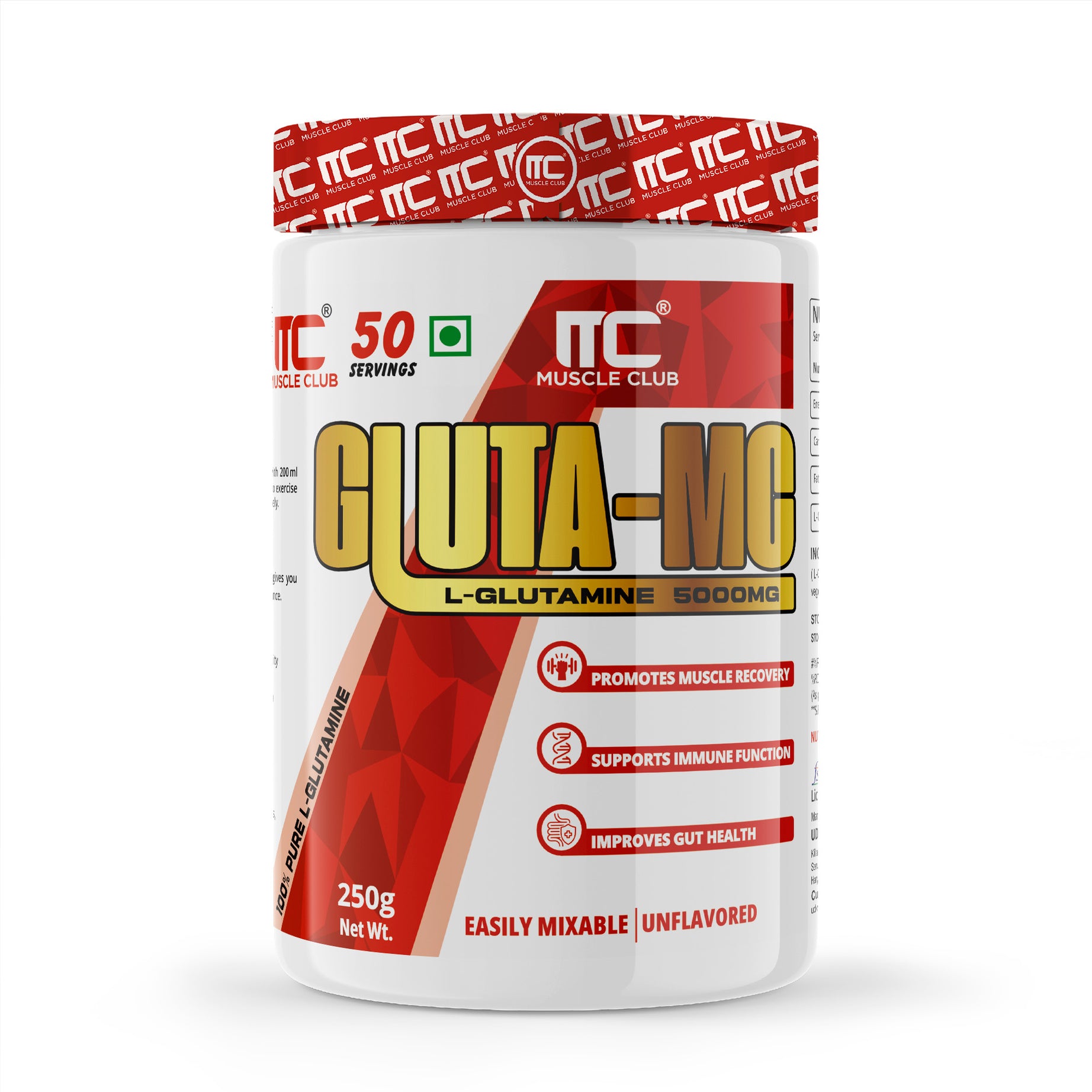 Muscle Club Gluta MC – L-Glutamine 5000mg Per Serving | Energy, Carb & Fat Support | 50 Servings