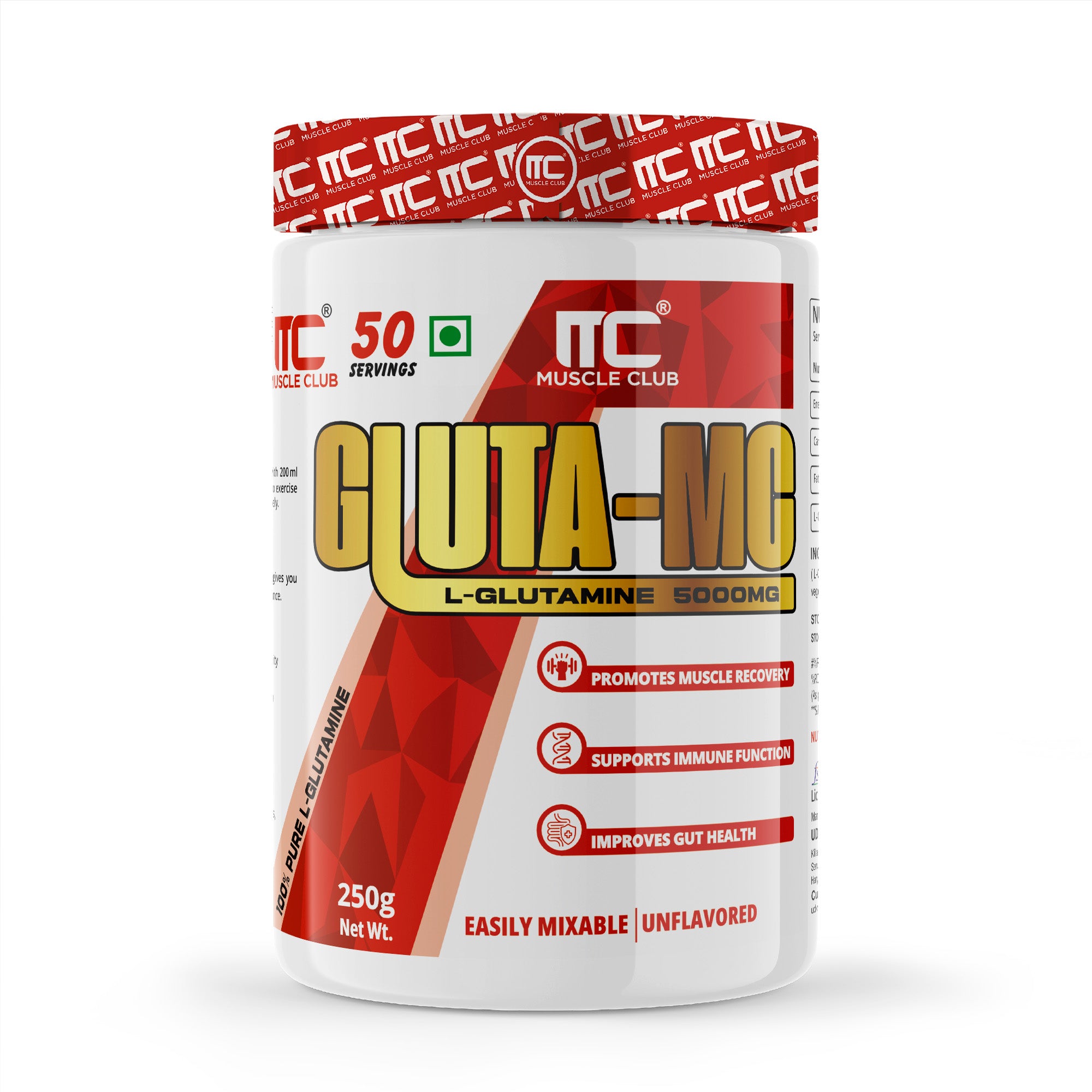 Muscle Club Gluta MC – L-Glutamine 5000mg Per Serving | Energy, Carb & Fat Support | 50 Servings