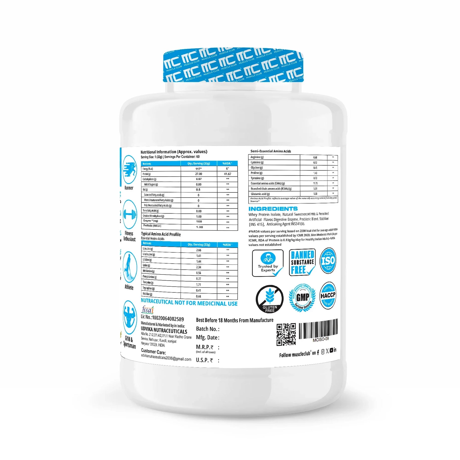 100% Isolate Whey Protein - Advanced Muscle Recovery Formula |27g of Fast-Digesting Pure Protein | with L-Arginine, BCAAs, and Glutamine for Muscle Building - Muscle Club