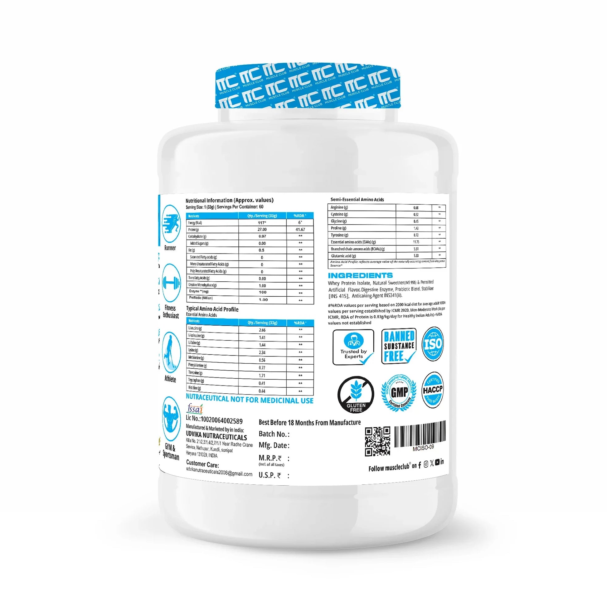100% Isolate Whey Protein - Advanced Muscle Recovery Formula |27g of Fast-Digesting Pure Protein | with L-Arginine, BCAAs, and Glutamine for Muscle Building - Muscle Club