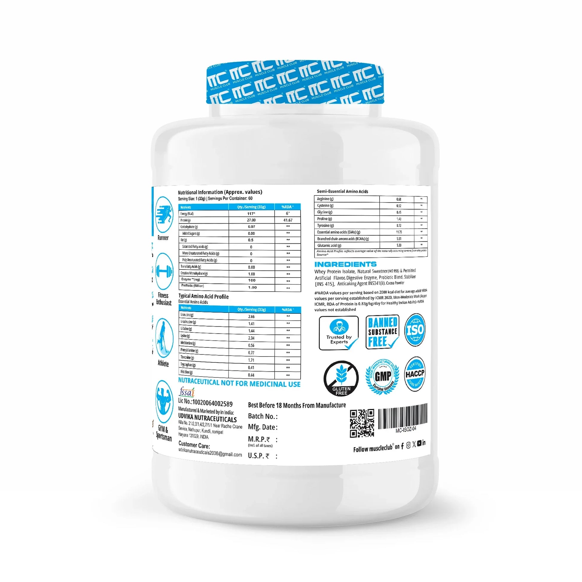 100% Isolate Whey Protein - Advanced Muscle Recovery Formula |27g of Fast-Digesting Pure Protein | with L-Arginine, BCAAs, and Glutamine for Muscle Building - Muscle Club