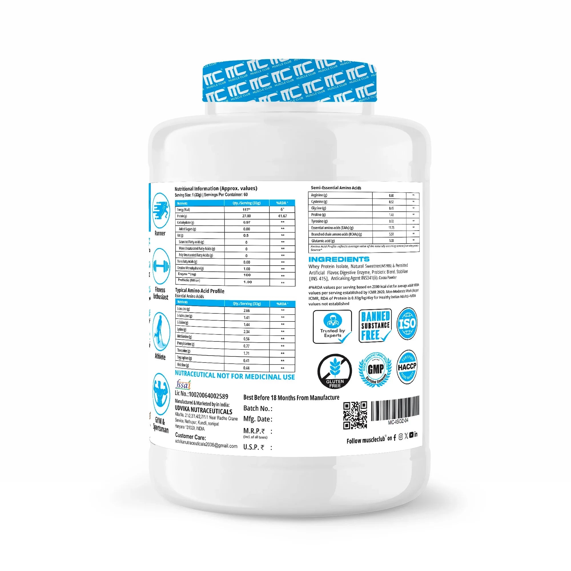 100% Isolate Whey Protein - Advanced Muscle Recovery Formula |27g of Fast-Digesting Pure Protein | with L-Arginine, BCAAs, and Glutamine for Muscle Building - Muscle Club