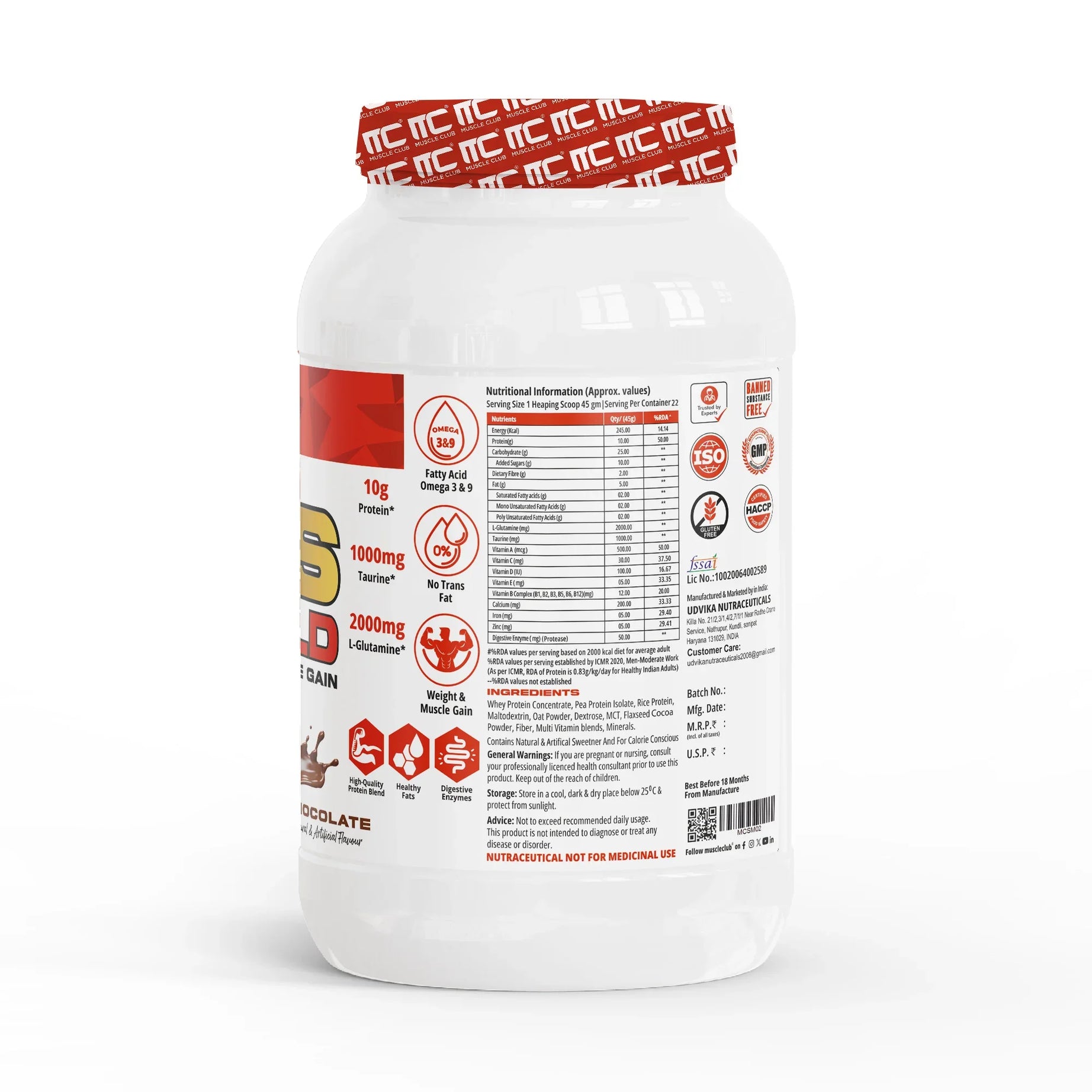 Muscle Club Super Mass Gainer – 1kg – Weight Gainer with L-Glutamine, Taurine, Vitamin A, B-Complex, Calcium, Iron, Zinc & Vitamin D – Supports Muscle Growth, Recovery & Weight Gain - Muscle Club