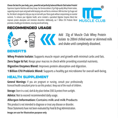 100% Isolate Whey Protein - Advanced Muscle Recovery Formula |27g of Fast-Digesting Pure Protein | with L-Arginine, BCAAs, and Glutamine for Muscle Building - Muscle Club