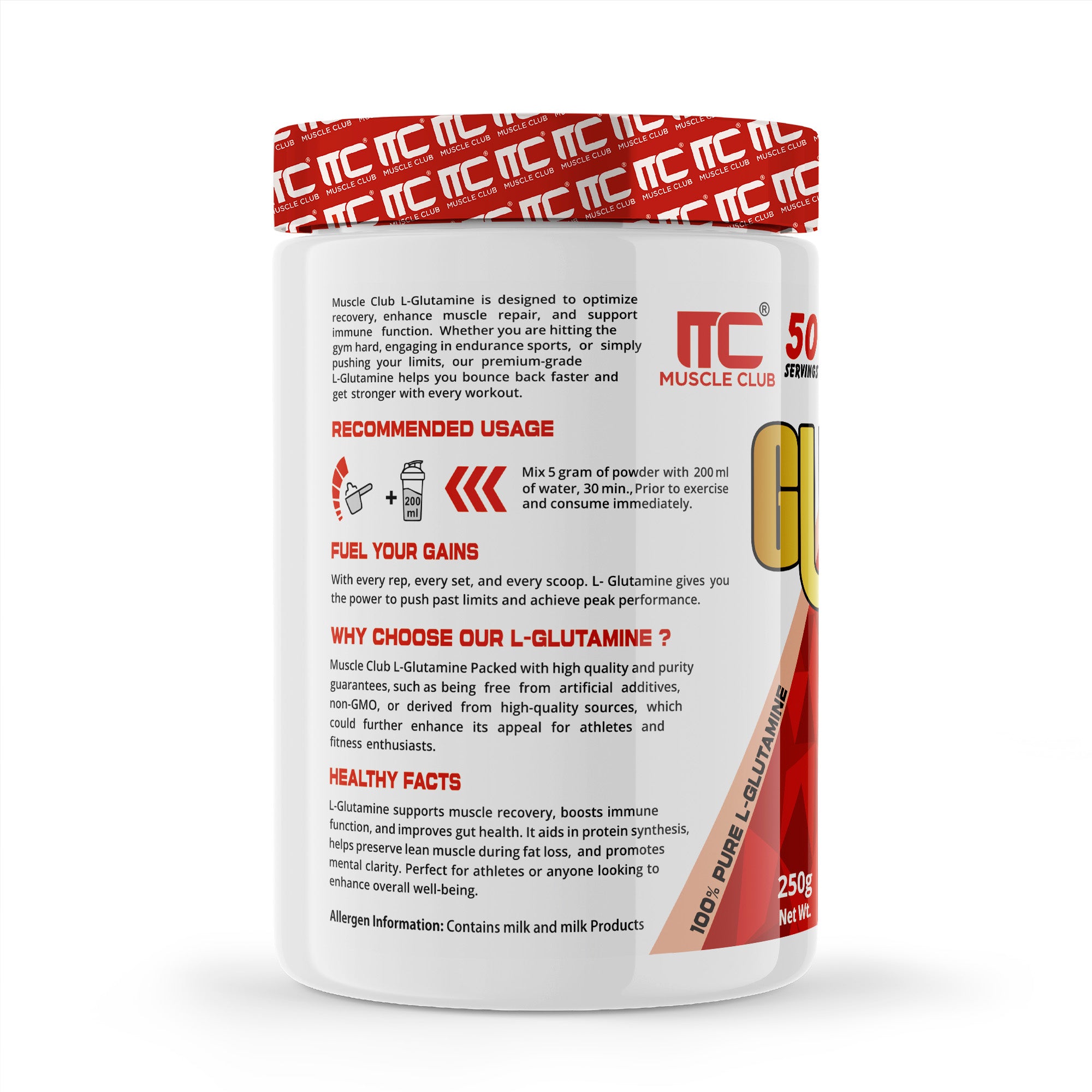 Muscle Club Gluta MC – L-Glutamine 5000mg Per Serving | Energy, Carb & Fat Support | 50 Servings