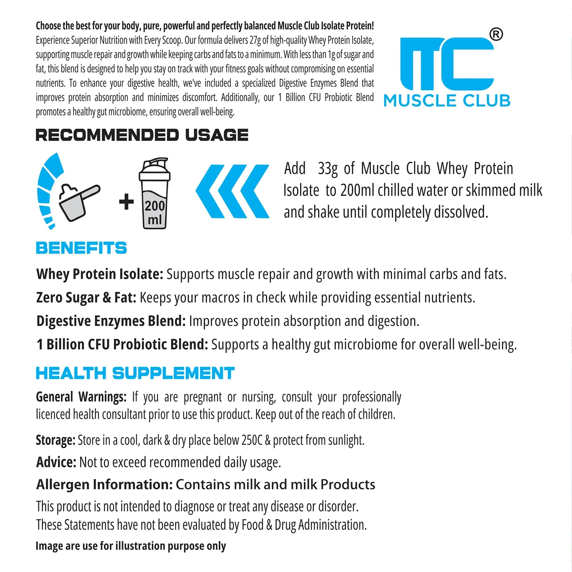 100% Isolate Whey Protein - Advanced Muscle Recovery Formula |27g of Fast-Digesting Pure Protein | with L-Arginine, BCAAs, and Glutamine for Muscle Building - Muscle Club