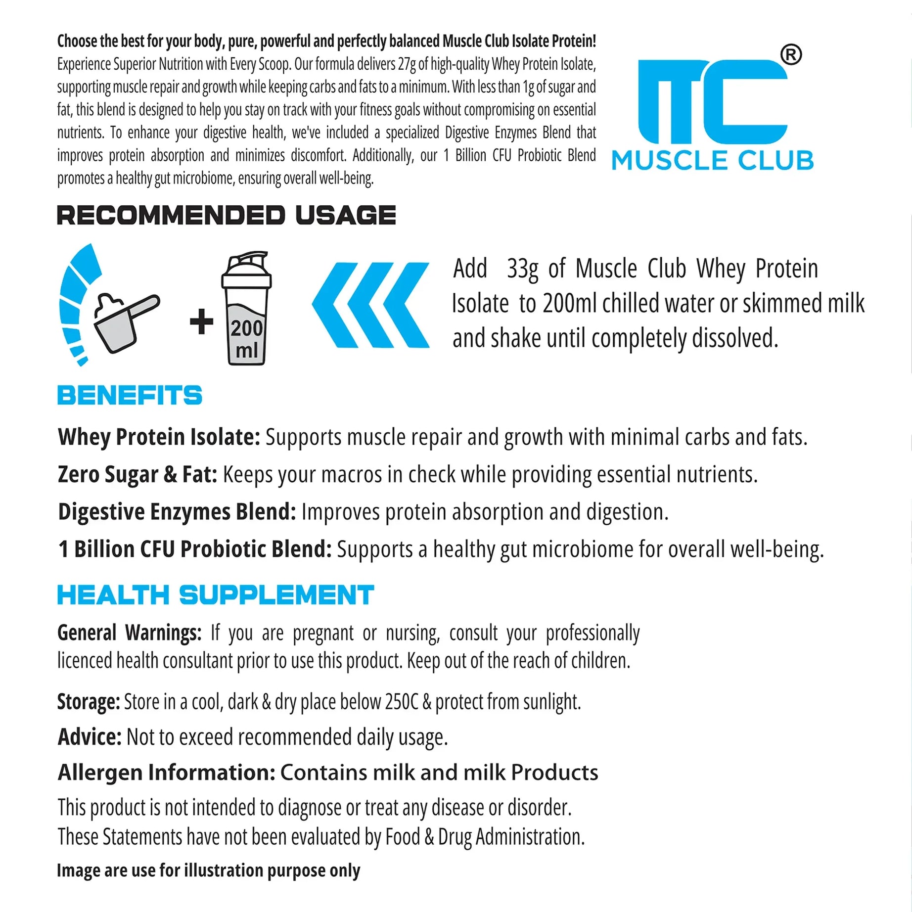 100% Isolate Whey Protein - Advanced Muscle Recovery Formula |27g of Fast-Digesting Pure Protein | with L-Arginine, BCAAs, and Glutamine for Muscle Building - Muscle Club