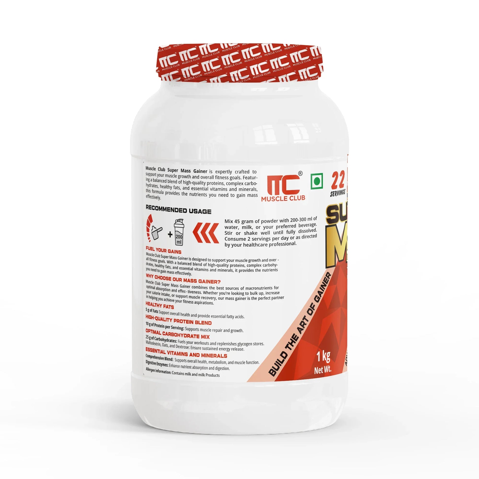 Muscle Club Super Mass Gainer – 1kg – Weight Gainer with L-Glutamine, Taurine, Vitamin A, B-Complex, Calcium, Iron, Zinc & Vitamin D – Supports Muscle Growth, Recovery & Weight Gain - Muscle Club
