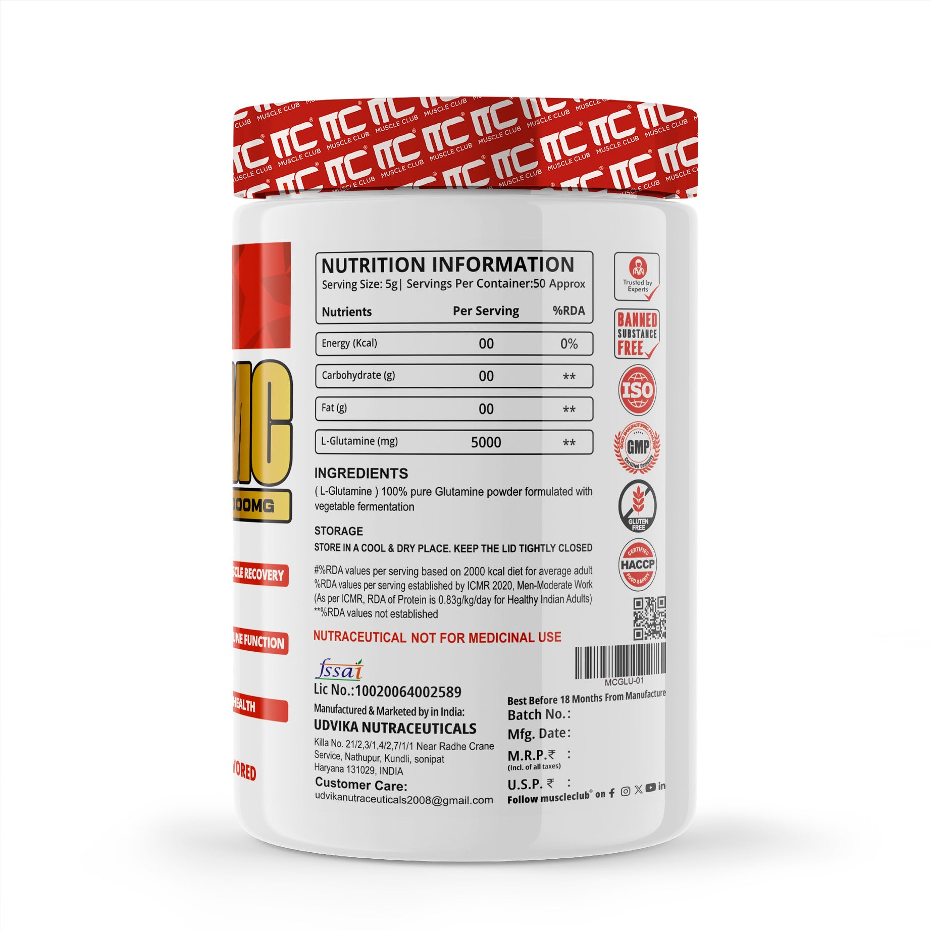 Muscle Club Gluta MC – L-Glutamine 5000mg Per Serving | Energy, Carb & Fat Support | 50 Servings