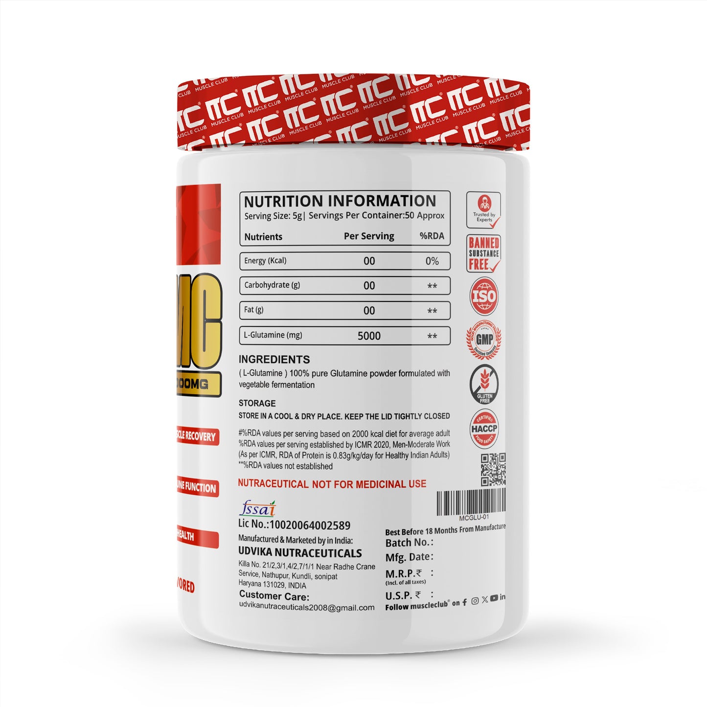 Muscle Club Gluta MC – L-Glutamine 5000mg Per Serving | Energy, Carb & Fat Support | 50 Servings