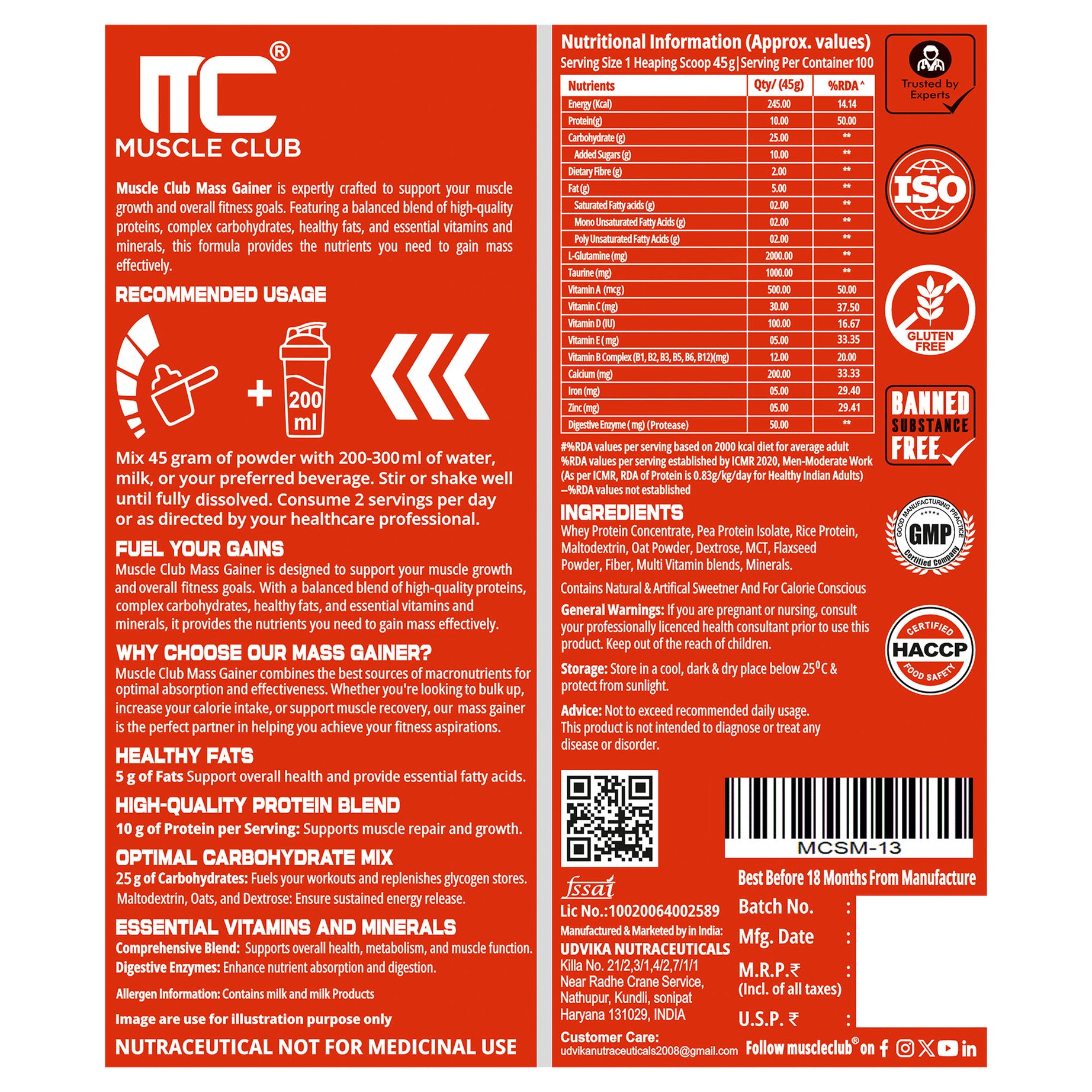 Muscle Club Super Mass Gainer – 1kg – Weight Gainer with L-Glutamine, Taurine, Vitamin A, B-Complex, Calcium, Iron, Zinc & Vitamin D – Supports Muscle Growth, Recovery & Weight Gain - Muscle Club