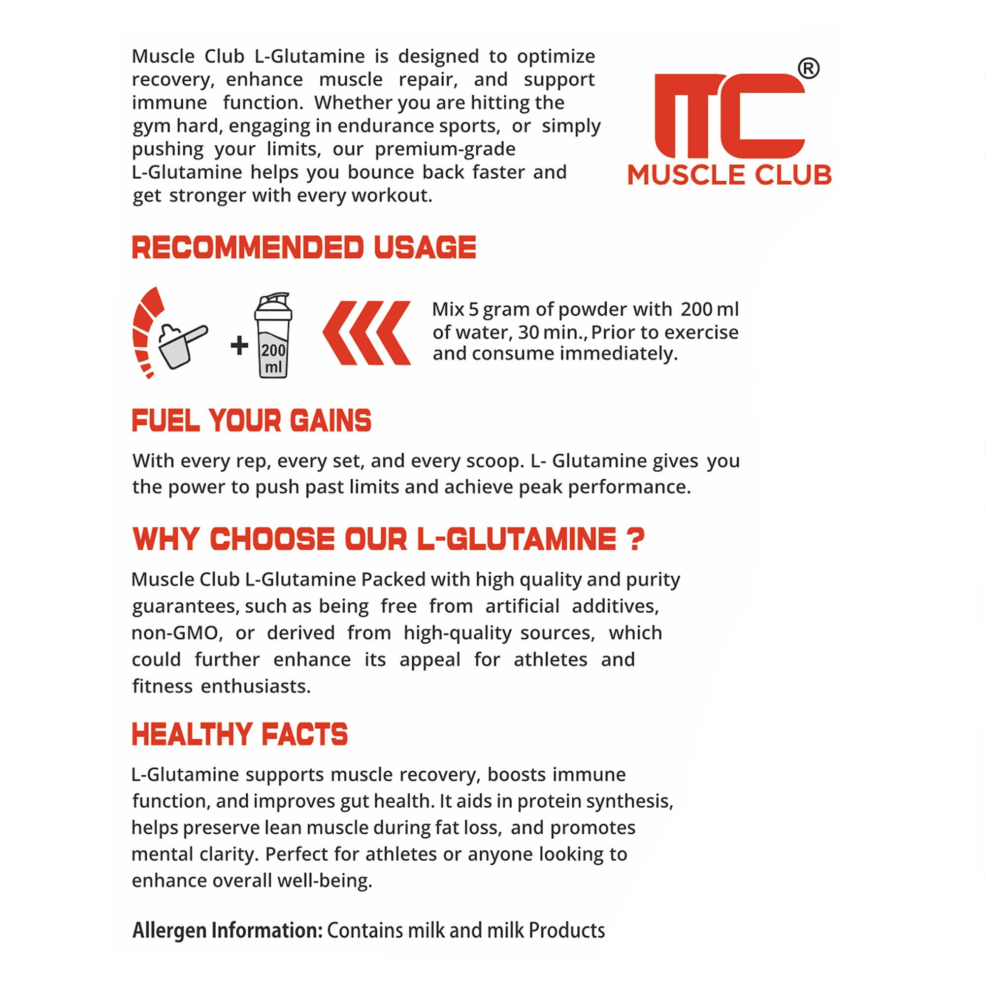 Muscle Club Gluta MC – L-Glutamine 5000mg Per Serving | Energy, Carb & Fat Support | 50 Servings