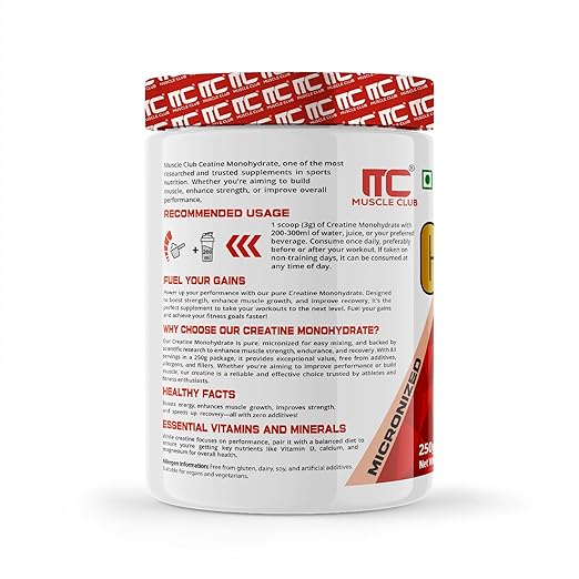 Muscle Club Creatine Monohydrate 250g –  Micronized Creatine Powder for Muscle Strength, Power & Endurance – Fast Absorption – Pre/Post Workout Supplement for Men & Women